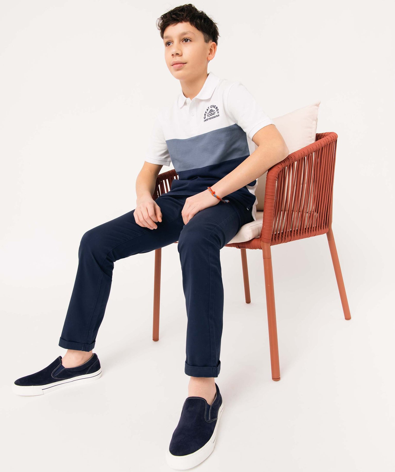 Pantalon Garçon chino uni à revers bleu fonce | GEMO