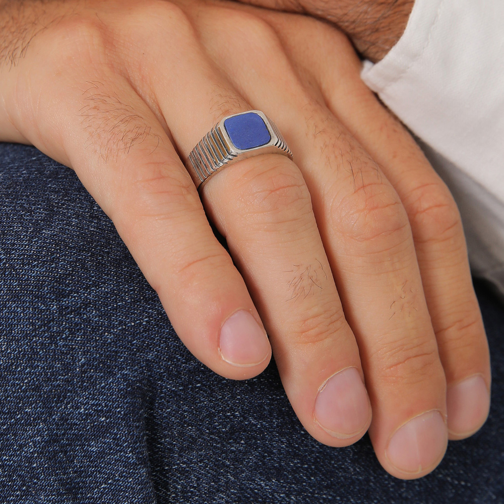 KUZZOI KUZZOI Bague Hommes Sceau Carré Massif Tendance avec Sodalite en Argent Sterling  Bague