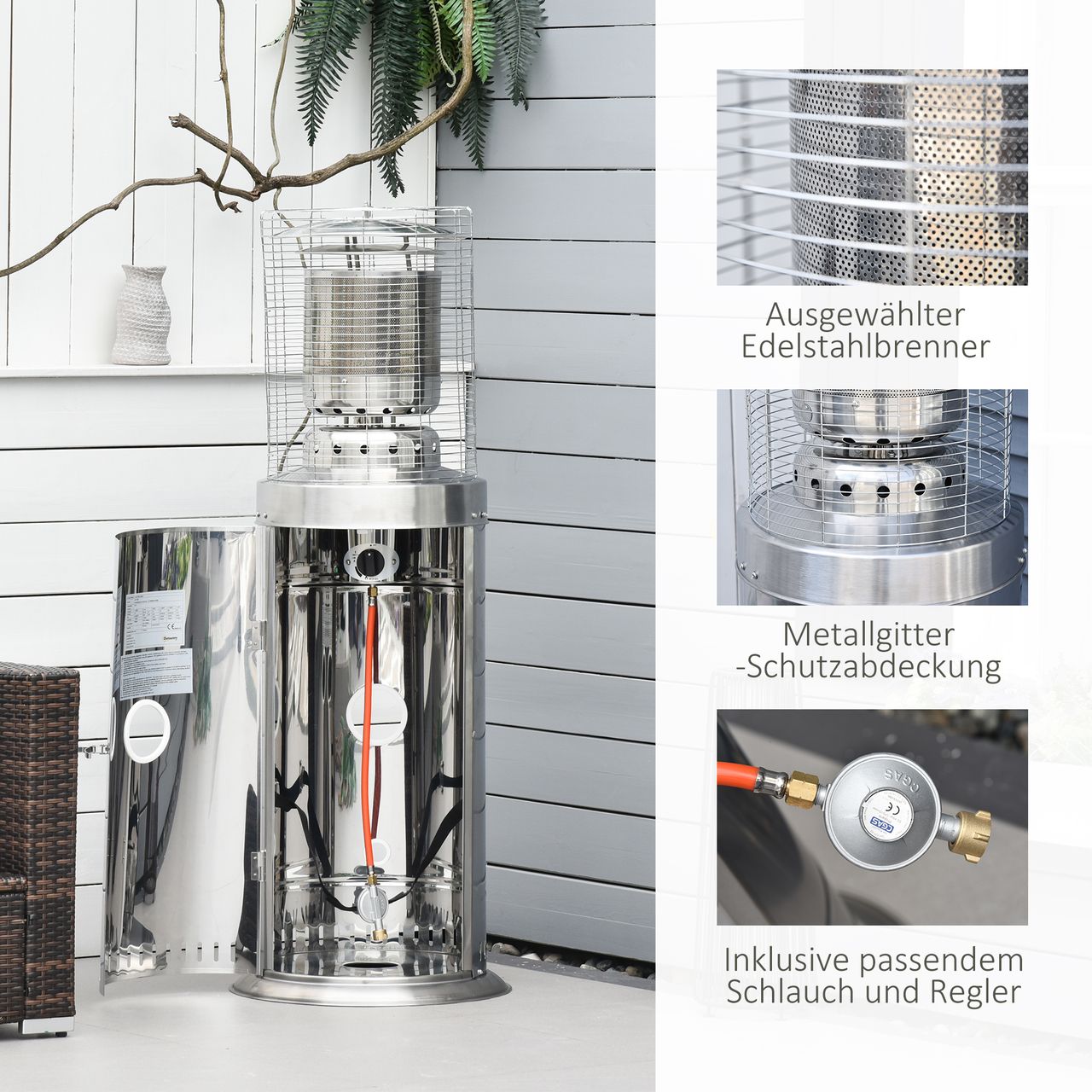 Outsunny Heizstrahler Terrassenheizer mit Handgriff und Rädern Gas 10KW Stahl Silber Ø55,6 x 143 cm