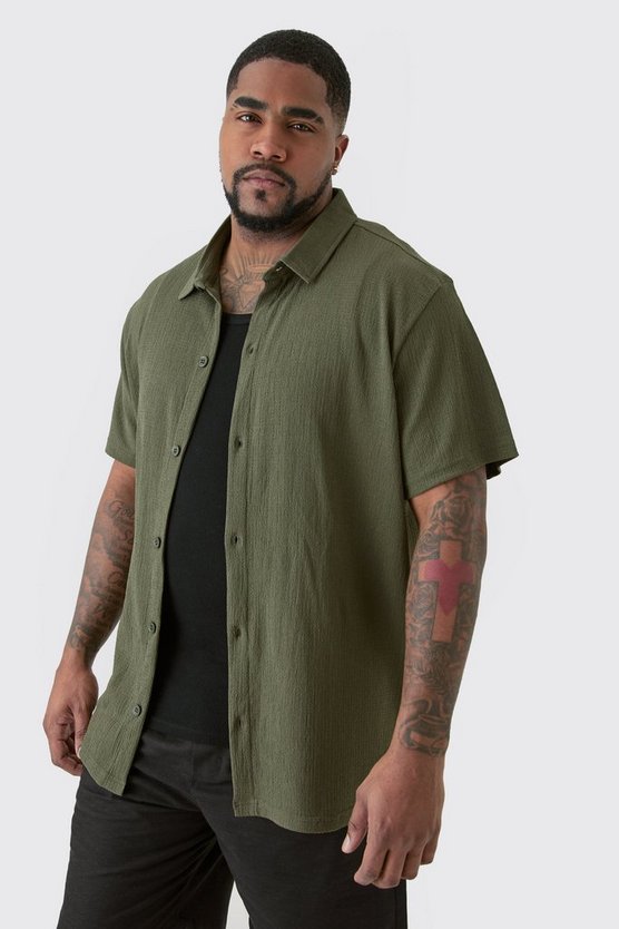 Plus Short Sleeve Regular Textured Shirt In Khaki