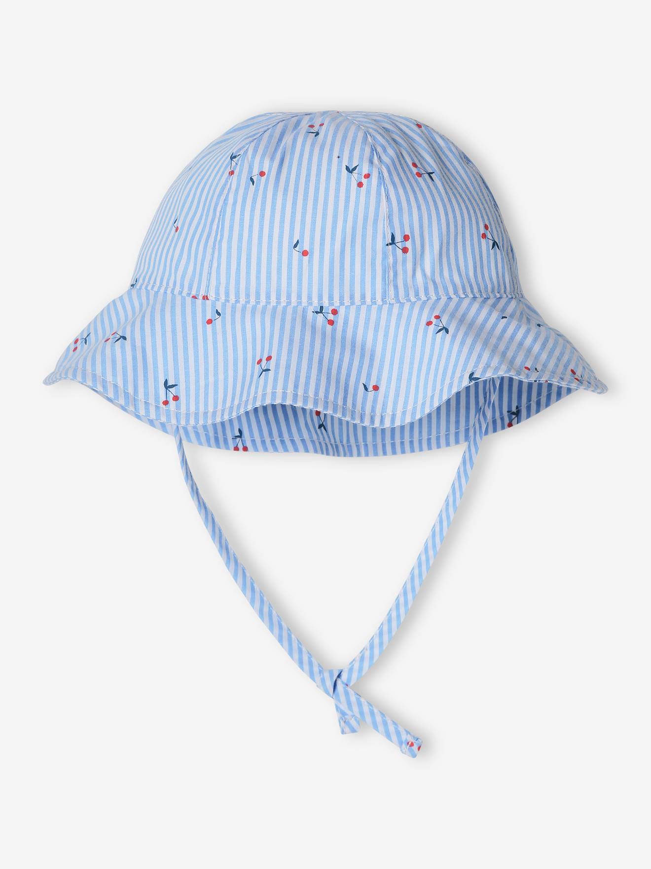 Chapeau rayé et imprimé cerises bébé fille bleu ciel