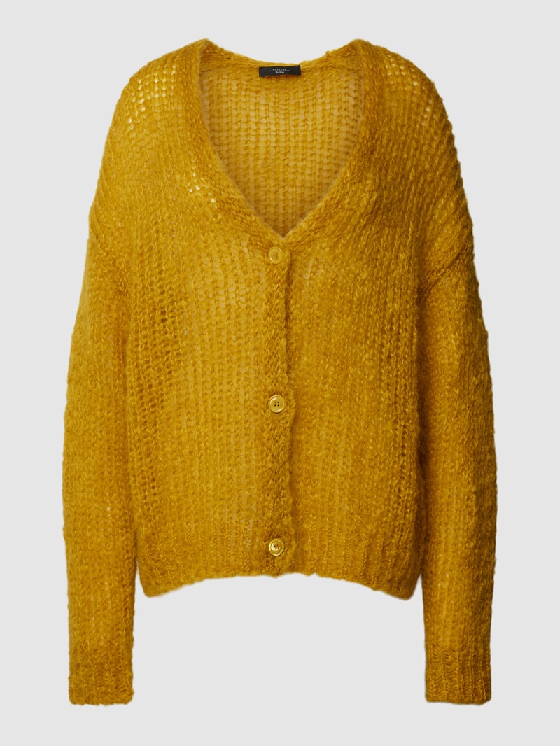 Strickjacke mit abgerundetem V-Ausschnitt Modell 'GERARDA' in senfgelb
