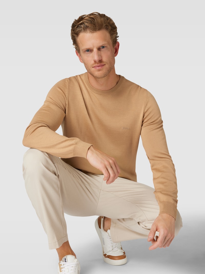 Strickpullover aus Schurwolle mit Label-Stitching Modell 'Otto' in beige