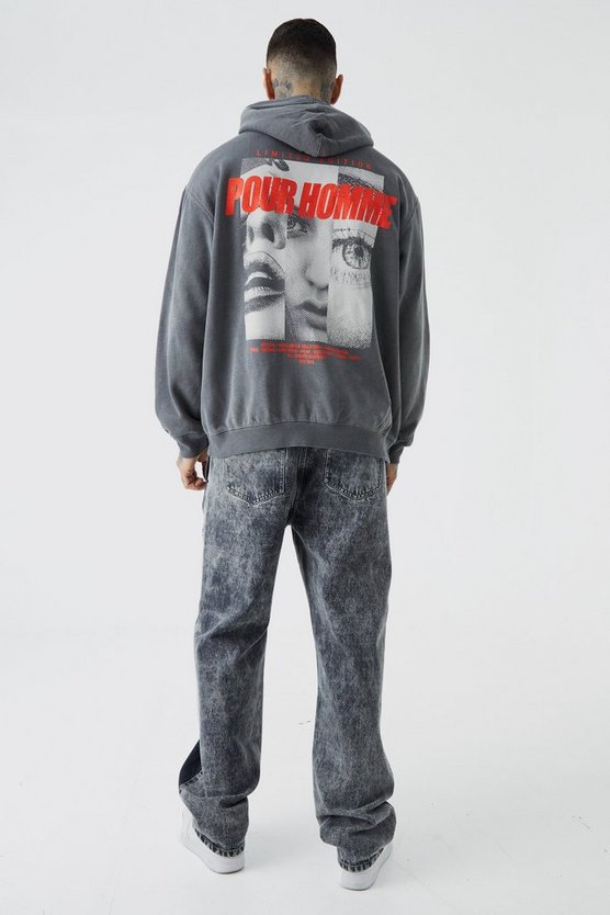 Tall Oversize Hoodie mit Pour Homme Print und Acid-Waschung