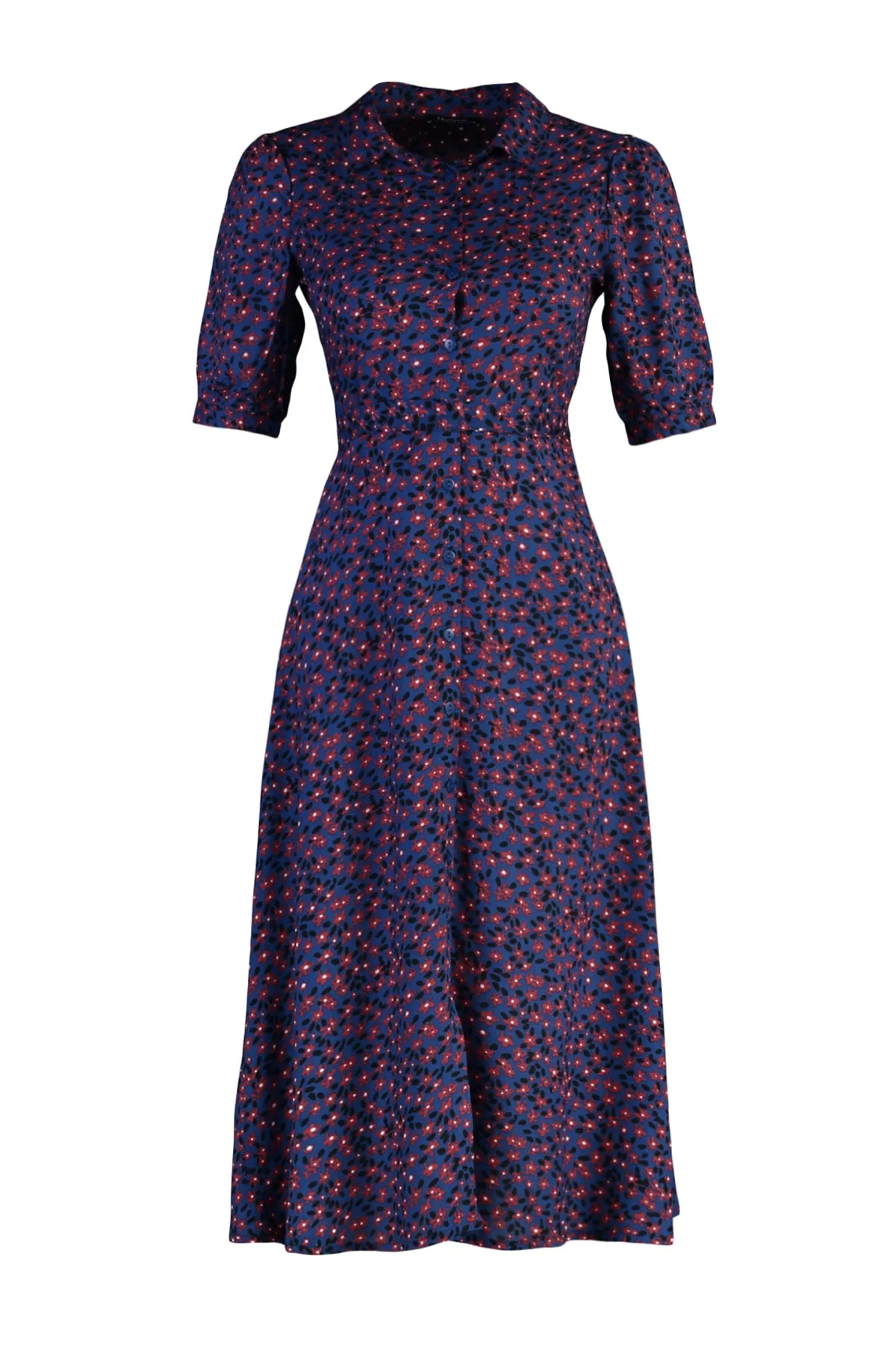 Trendyol Collection  Indigofarbenes, gewebtes Midi-Hemdkleid aus Viskose mit Blumenmuster und Gürtel TWOSS20EL1559