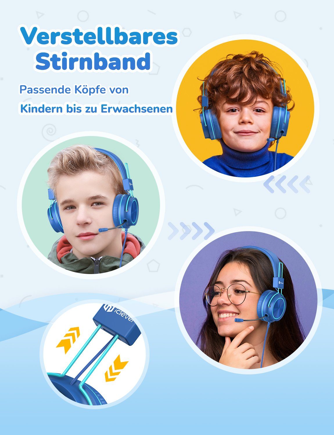 iclever IC-HS21 Bluetooth Kinder Kopfhörer 360° Drehbar mit 95dB Volume Limit On-Ear-Kopfhörer (Mit Mikrofon, Verdrahtet)