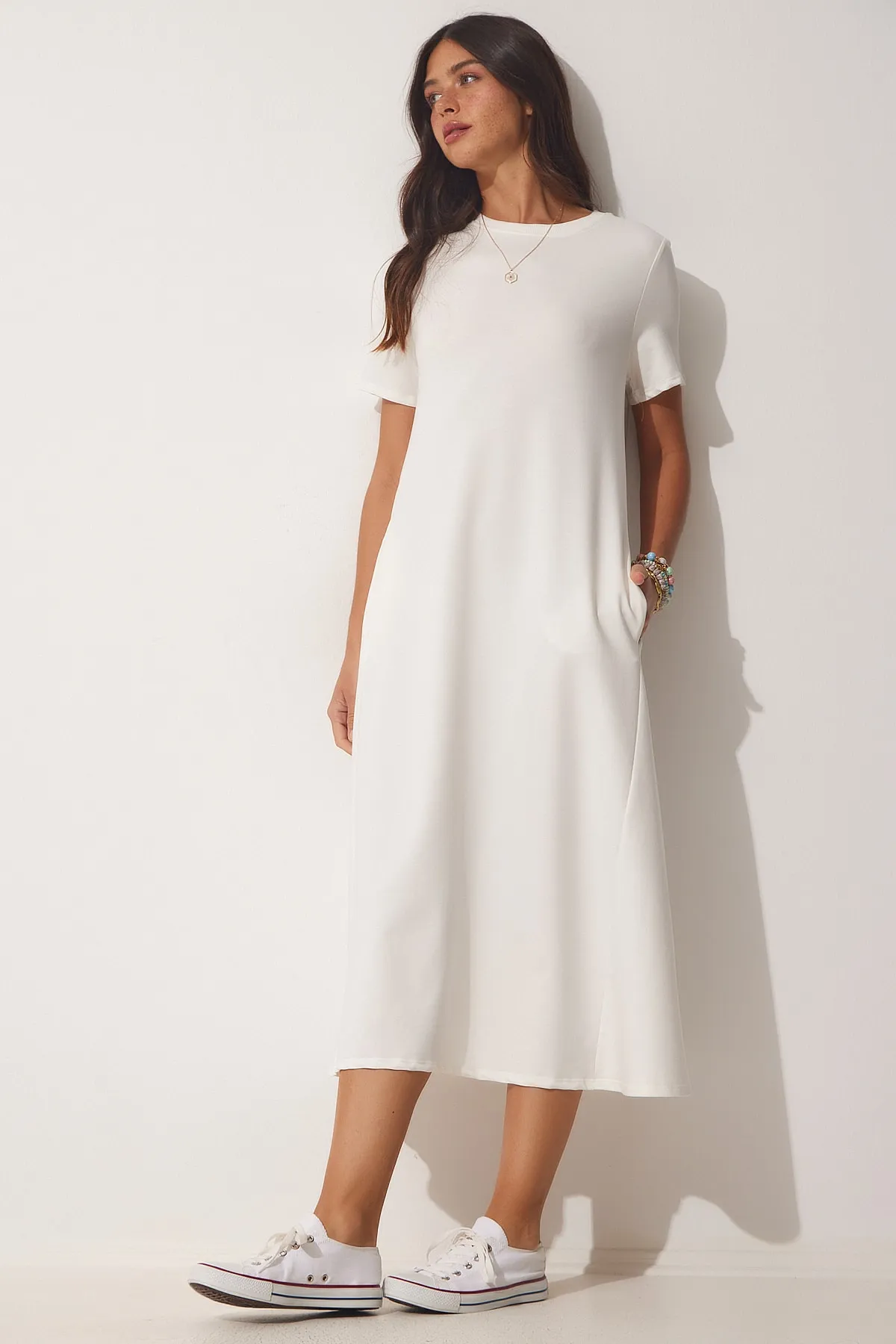 Happiness İstanbul  Ecrufarbenes A-Linien-Sommerkleid aus gekämmter Baumwolle für Damen UB00060