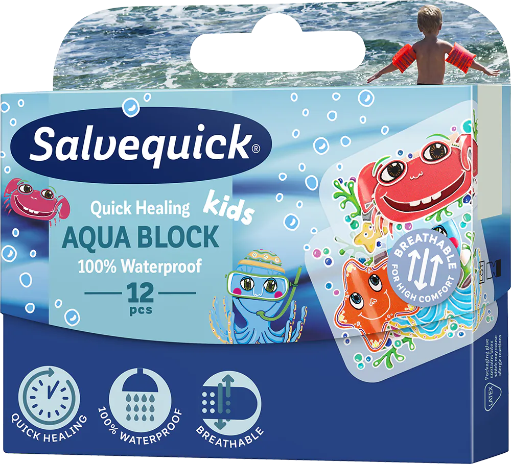 „Salvequick Aqua Block Kids“, vandeniui atsparūs pleistrai vaikams