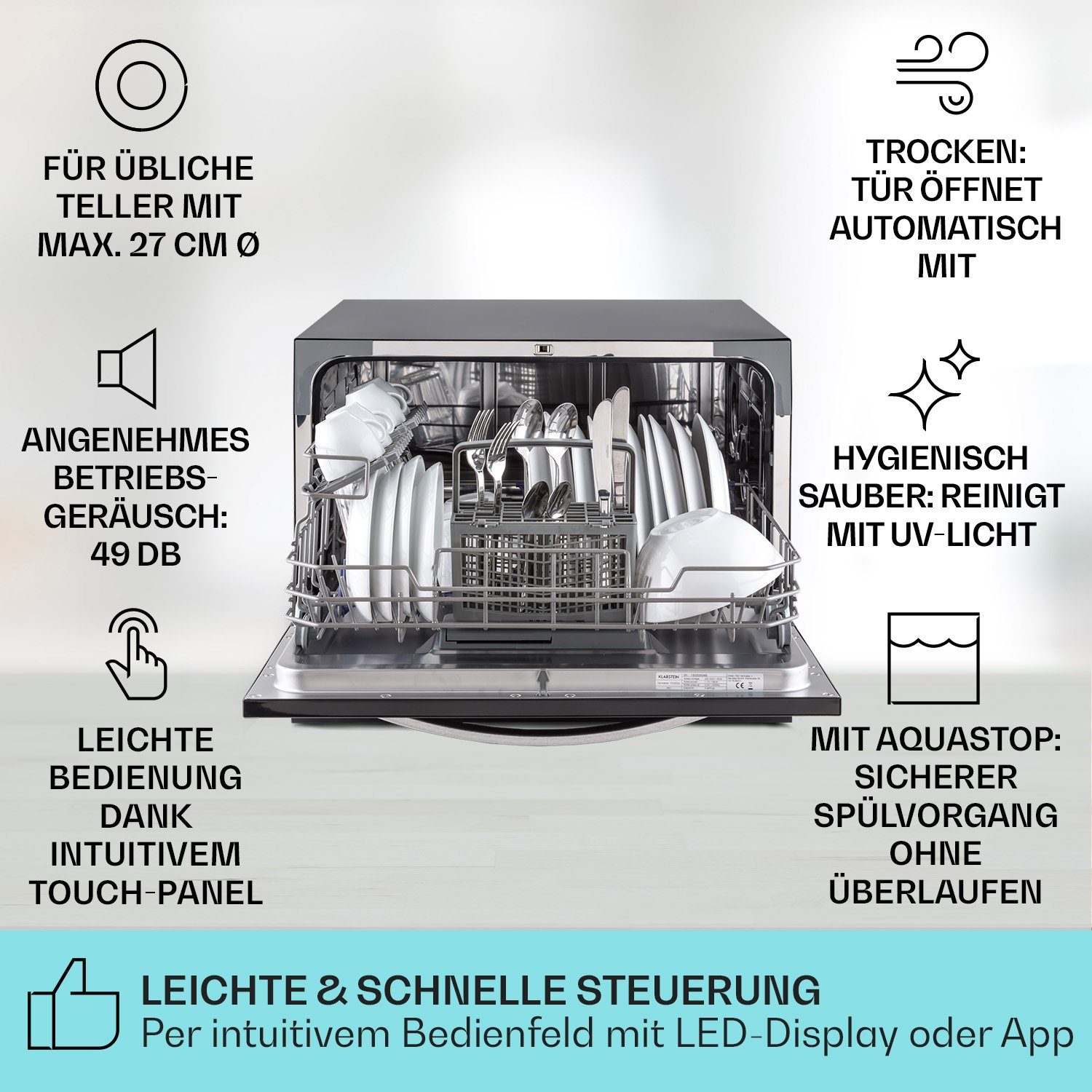 Klarstein Standgeschirrspüler Havasia UV 6 Luminance Geschirrspüler UV Glasfront freistehend 1380W, 10041827, 7 l
