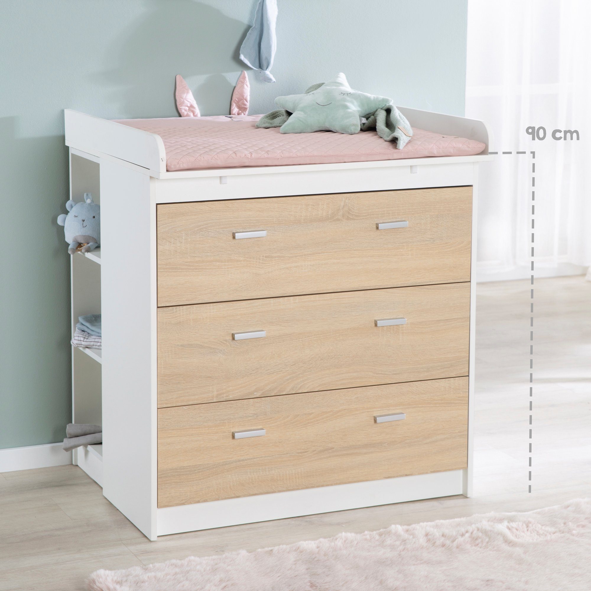 roba® Wickelkommode Gabriella, schmal, Weiß / Sonoma Eiche, Wickeltisch mit abnehmbarem Wickelansatz