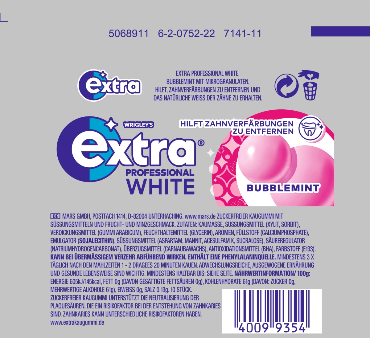 Kaugummi Extra Professional White, Bubblemint, zuckerfrei, 10 St