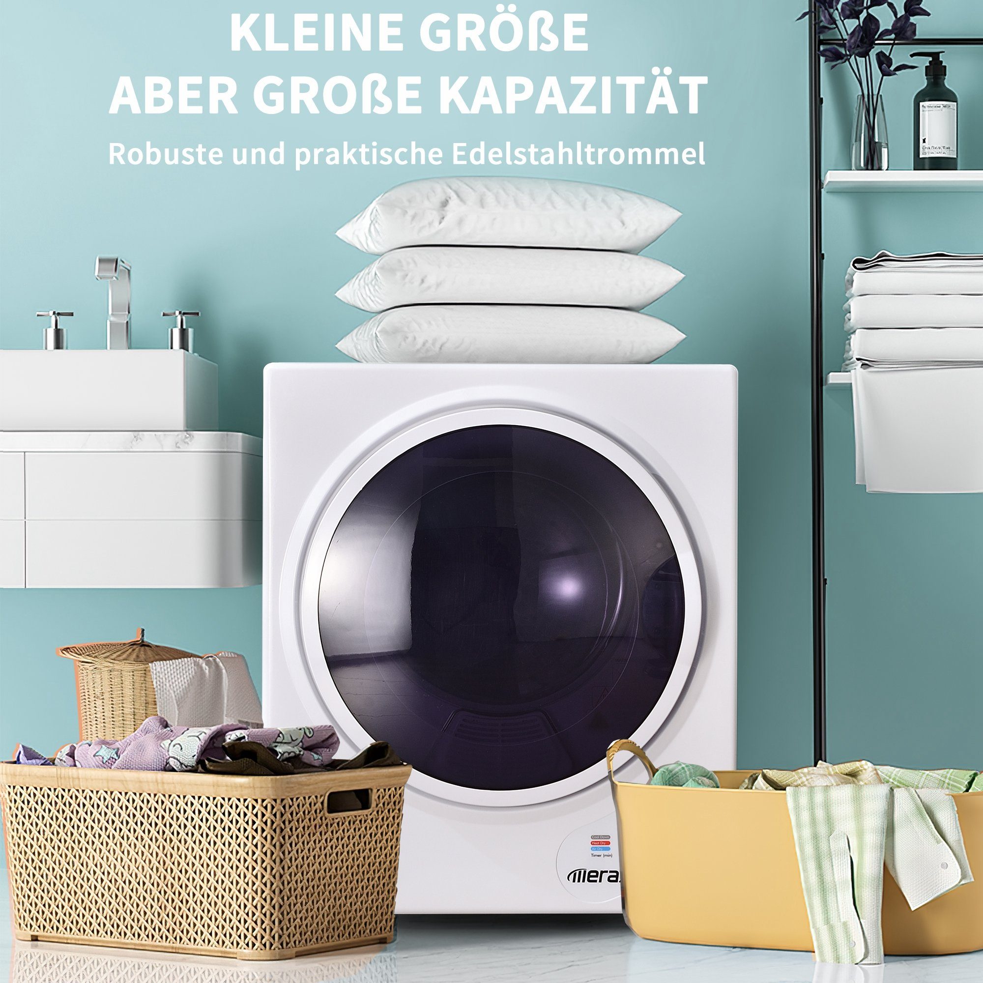 Merax Ablufttrockner mini-Wäschetrockner, PTC-Heizelement, Wärmewahl bis 65 °C, Frontlader, 2.5 kg, Doppelte Filterung, freistehend/hängend, Timer 20 bis 200 Minuten