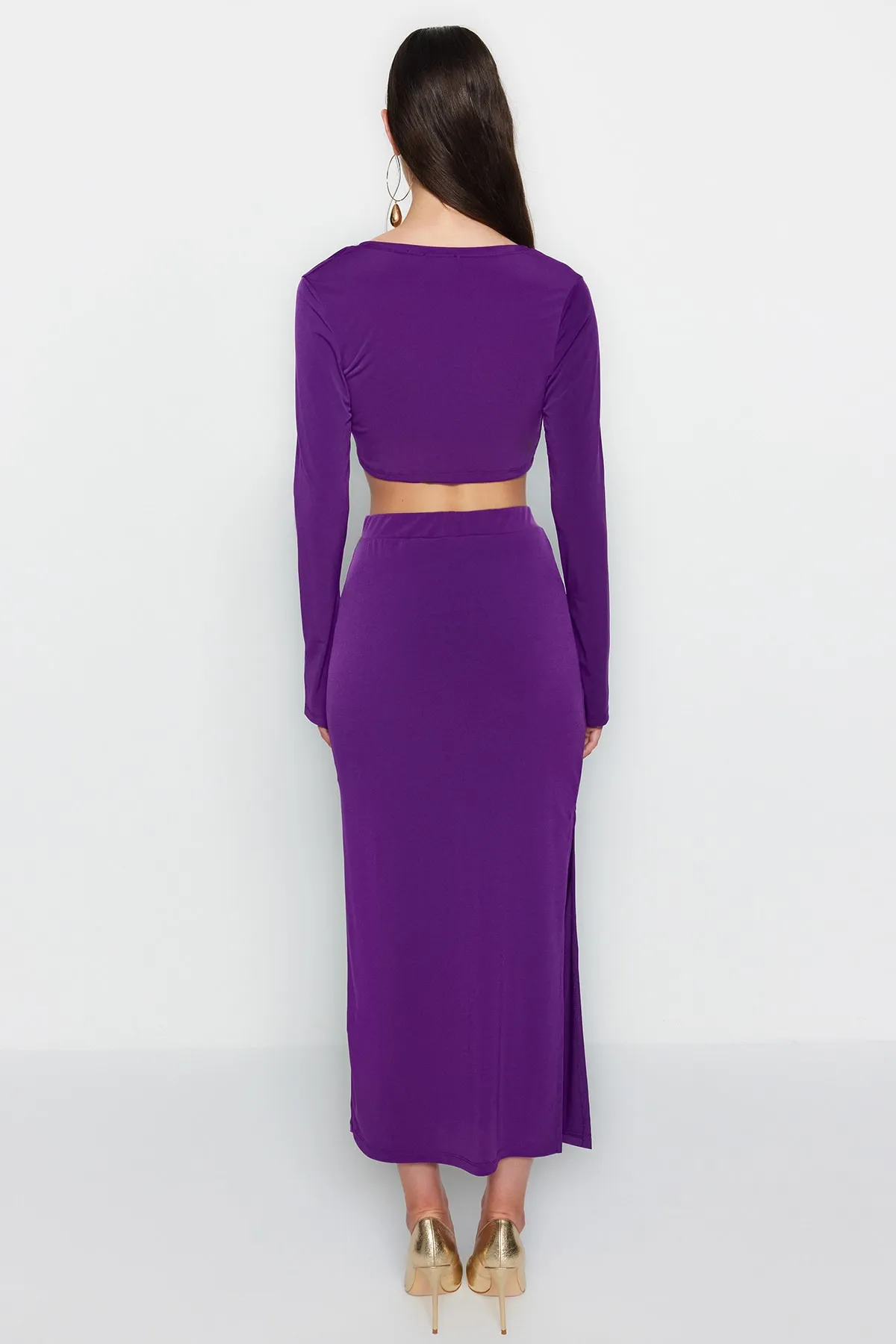 Trendyol Collection  Lila Super Crop und Midi Flexible Strickoberteil und -unterteil Set TWOAW24AU00070