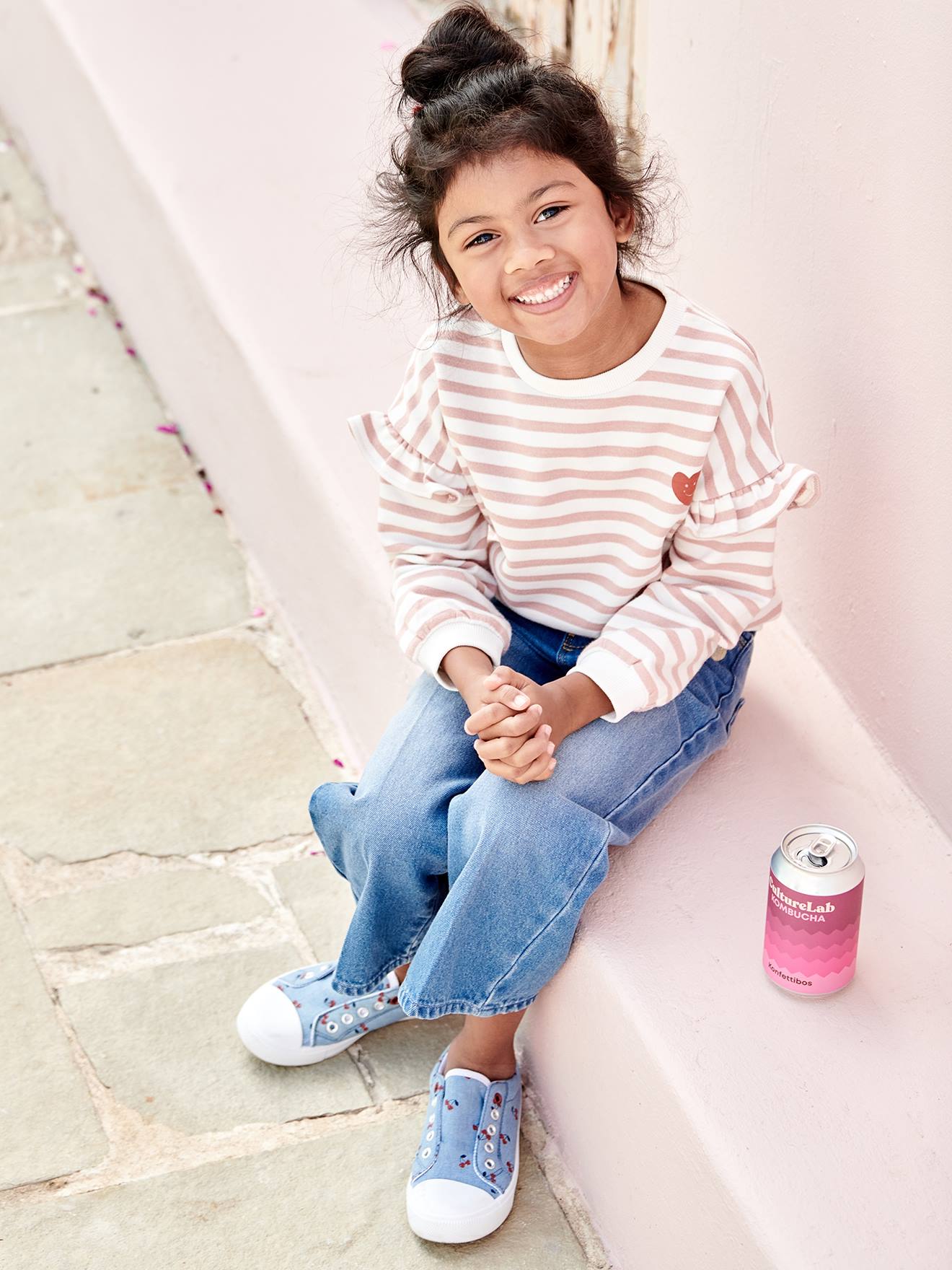 Vertbaudet Mädchen Ringel-Sweatshirt, Volantärmel Oeko-Tex - altrosa