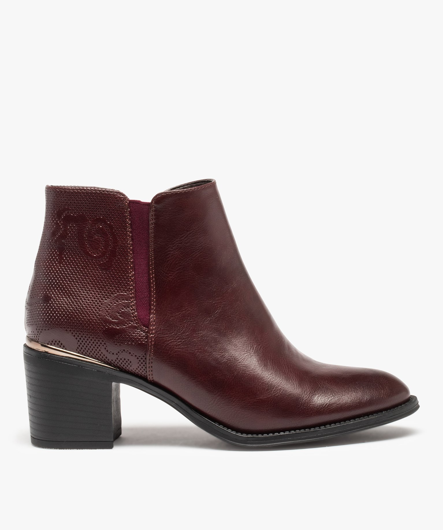 Boots femme à talon carré dessus uni motif en relief rouge fonce | GEMO