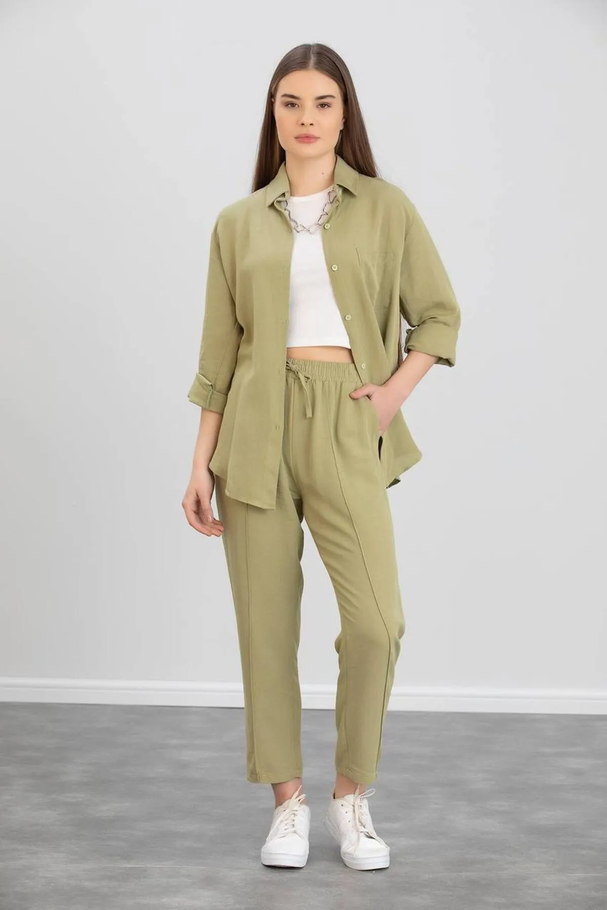 ZF BUTİK  Damen-Set aus doppeltem Leinenhemd, Hose, Unterteil und Oberteil