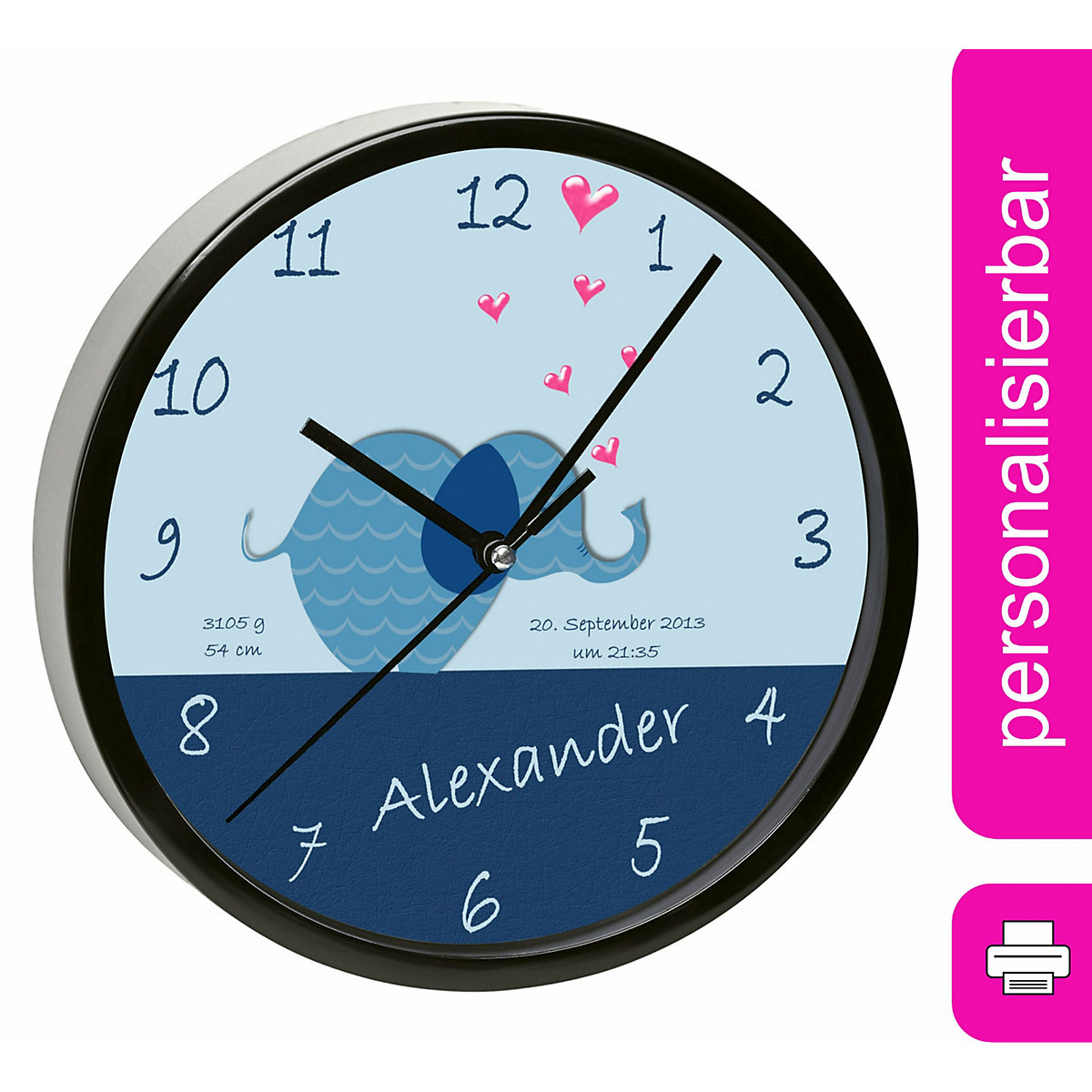 Kinder Wanduhr personalisiert mit Name Elefant blau