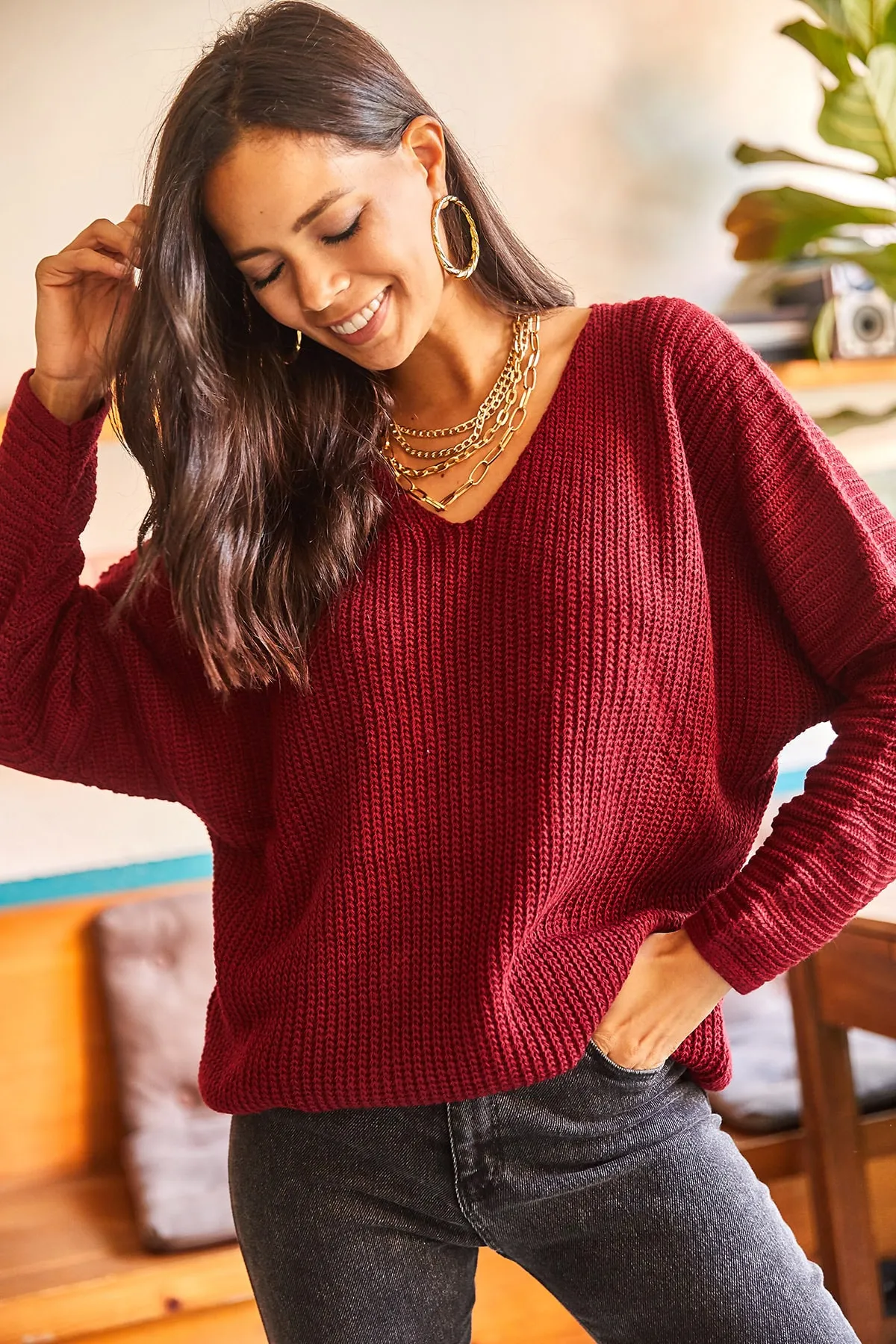 Olalook  Thessaloniki Strickpullover in Übergröße mit V-Ausschnitt