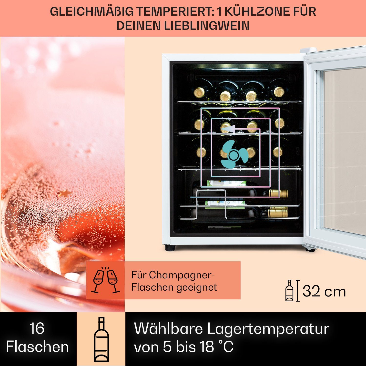 Klarstein Weinkühlschrank Shiraz 16 Quartz, für 16 Standardflaschen á 0,75l,Wein Flaschenkühlschrank Weintemperierschrank Weinschrank Kühlschrank
