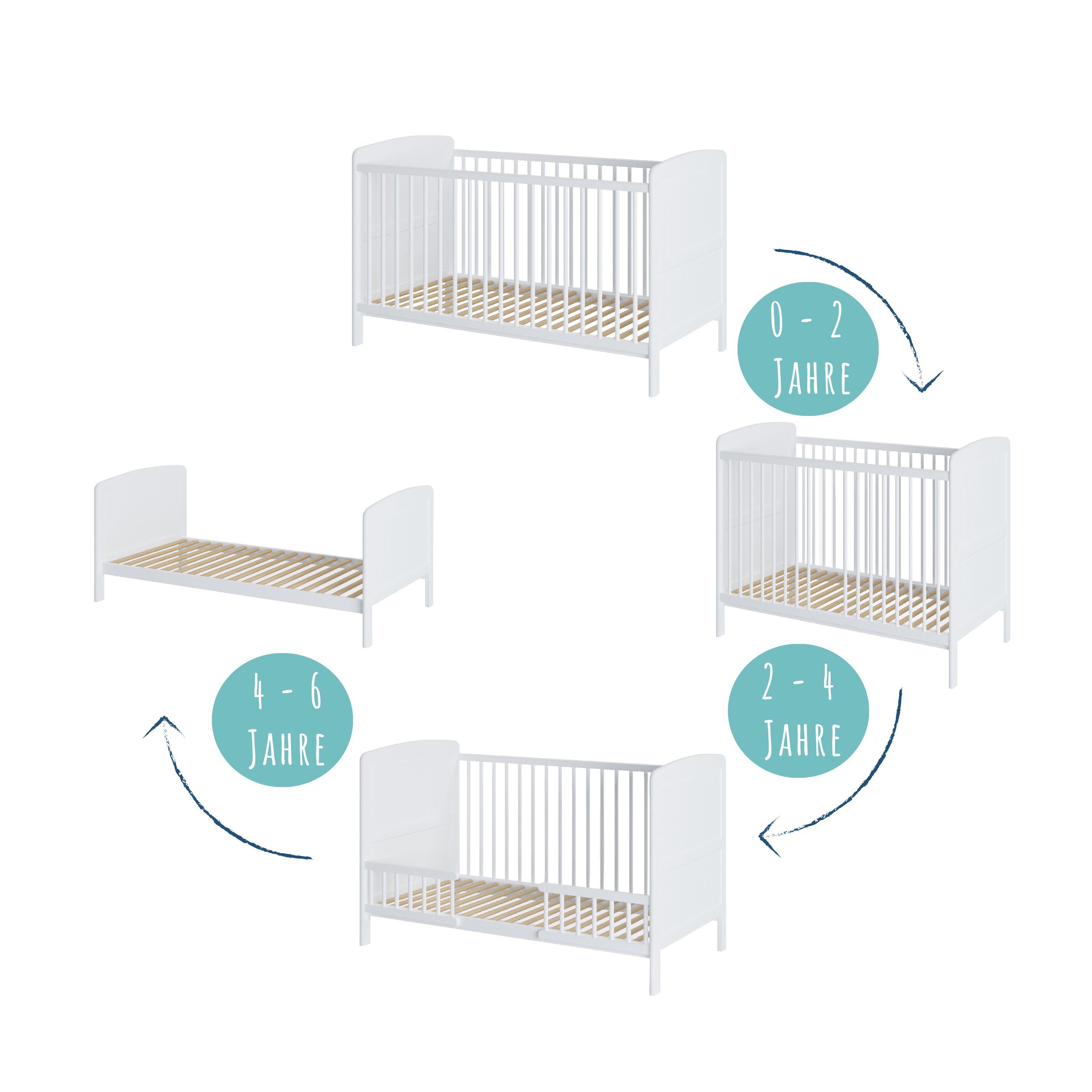Kids Collective Babybett Kinderbett 70x140 cm umbaubares Gitterbett höhenverstellbar, herausnehmbare Sprossen optional mit Matratze, weiss Vollholz Kiefer