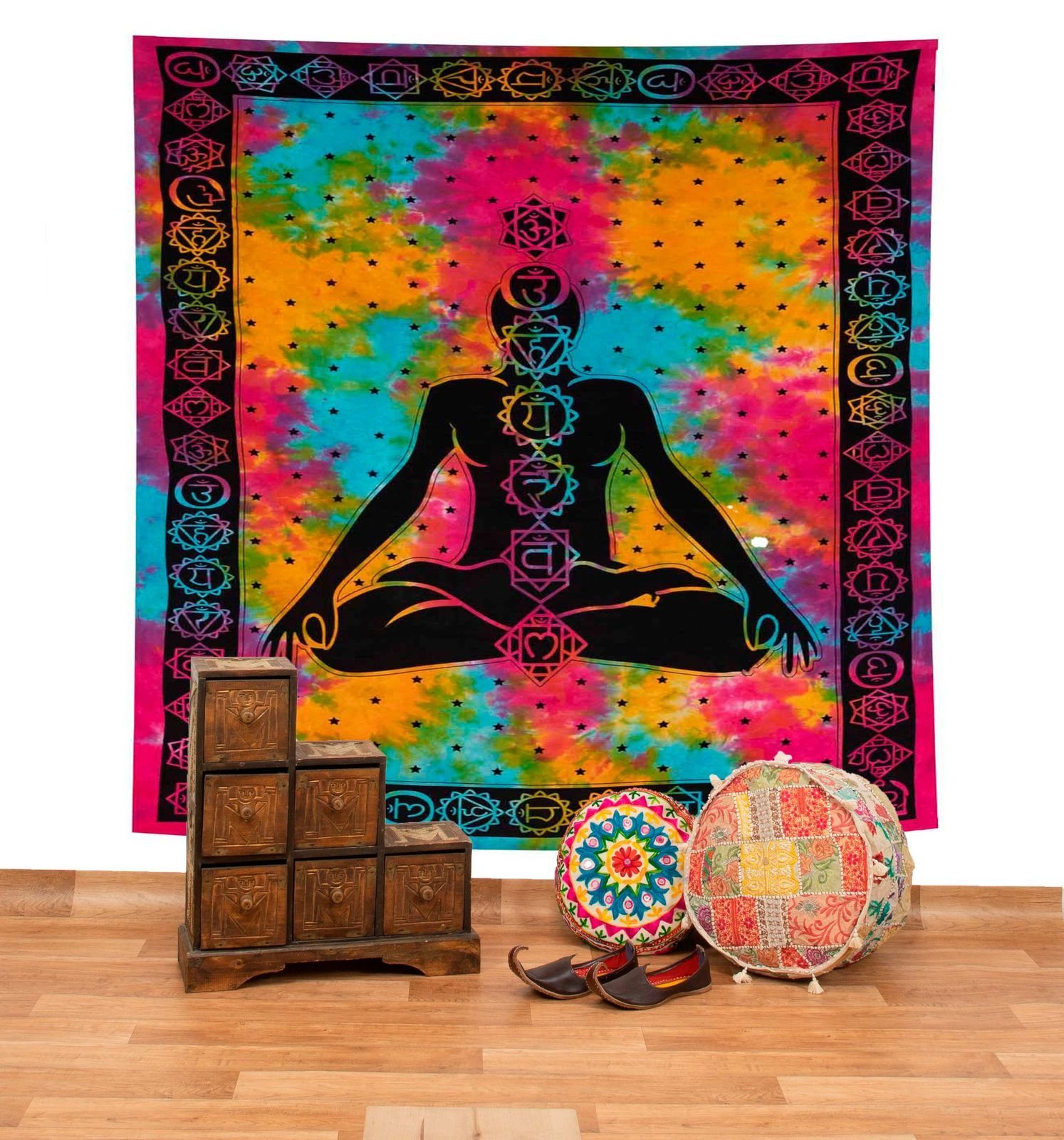 Wandteppich Bunte Tagesdecke Wandbehang Bunt Deko Chakra Meditation ca.200x230cm, KUNST UND MAGIE