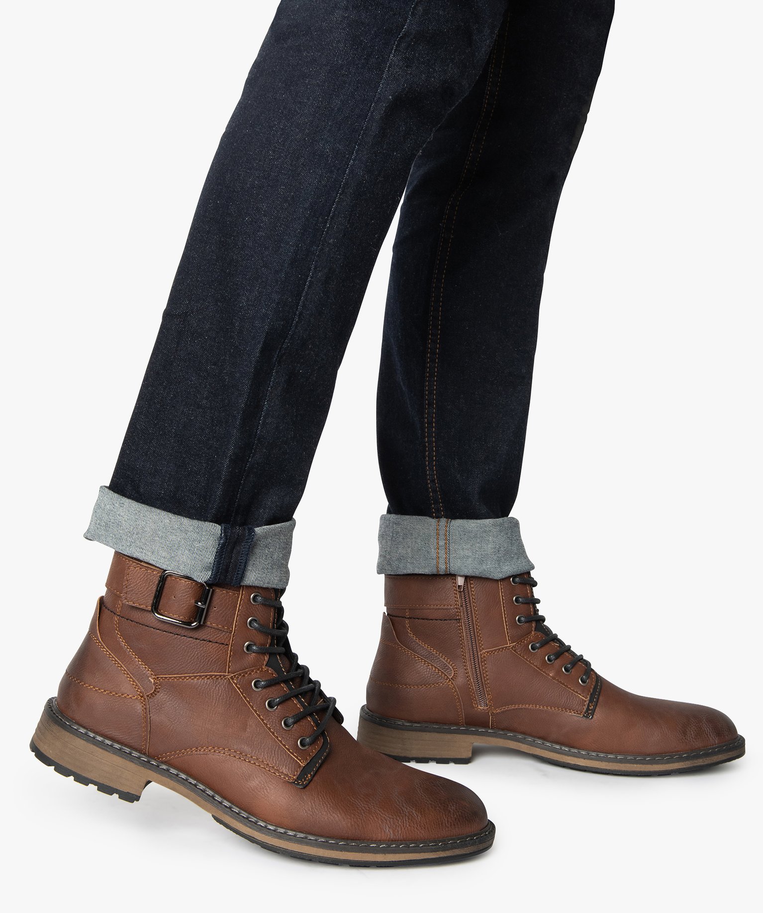 Boots homme unis zippés avec lacets et boucle décorative camel | GEMO