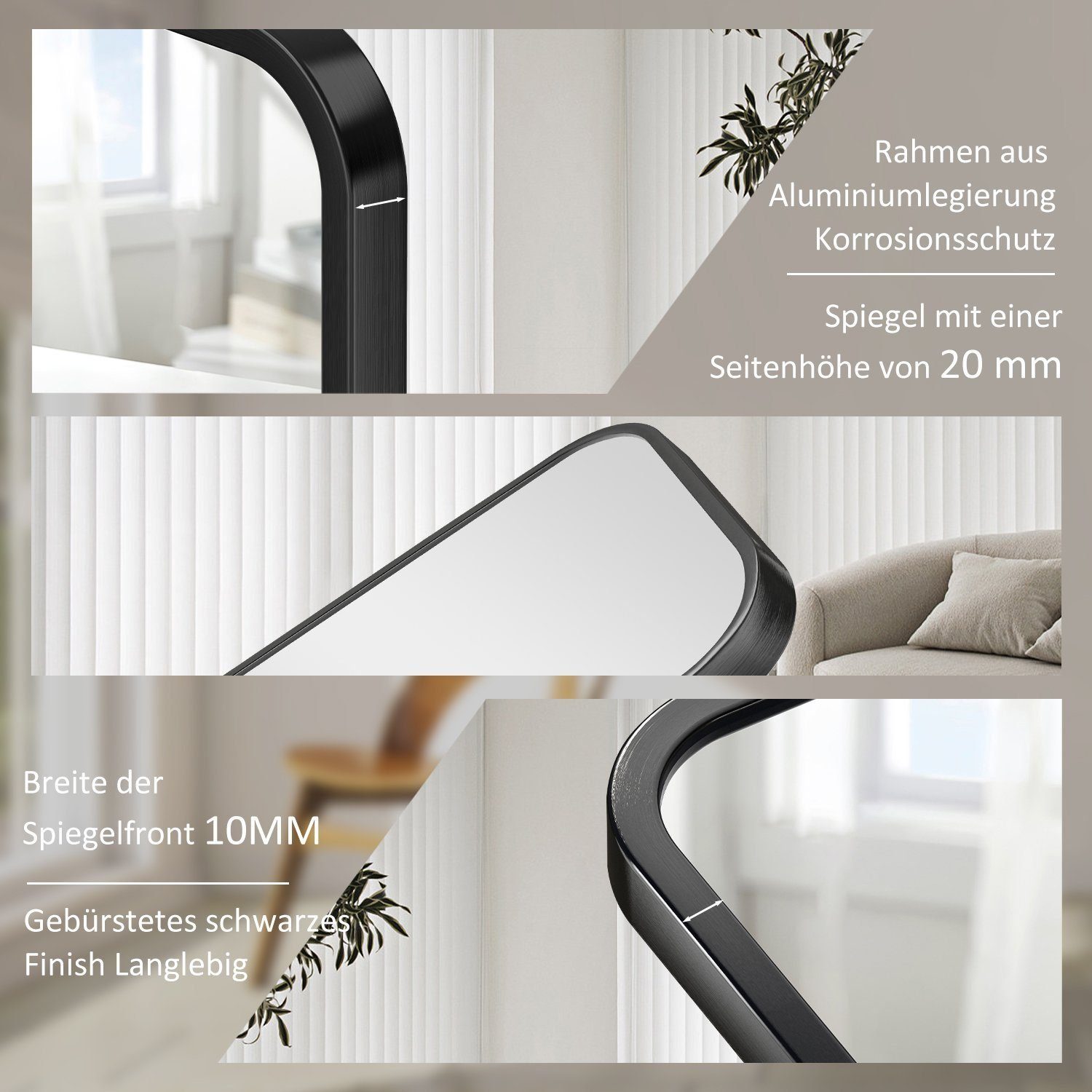 Boromal Standspiegel Spiegel groß Schwarz Wandspiegel Ganzkörperspiegel Flurspiegel (Hochspiegel Arched Rechteckig Eckig, 160x40,150x50,140x40cm), 2 Montagemöglichkeiten