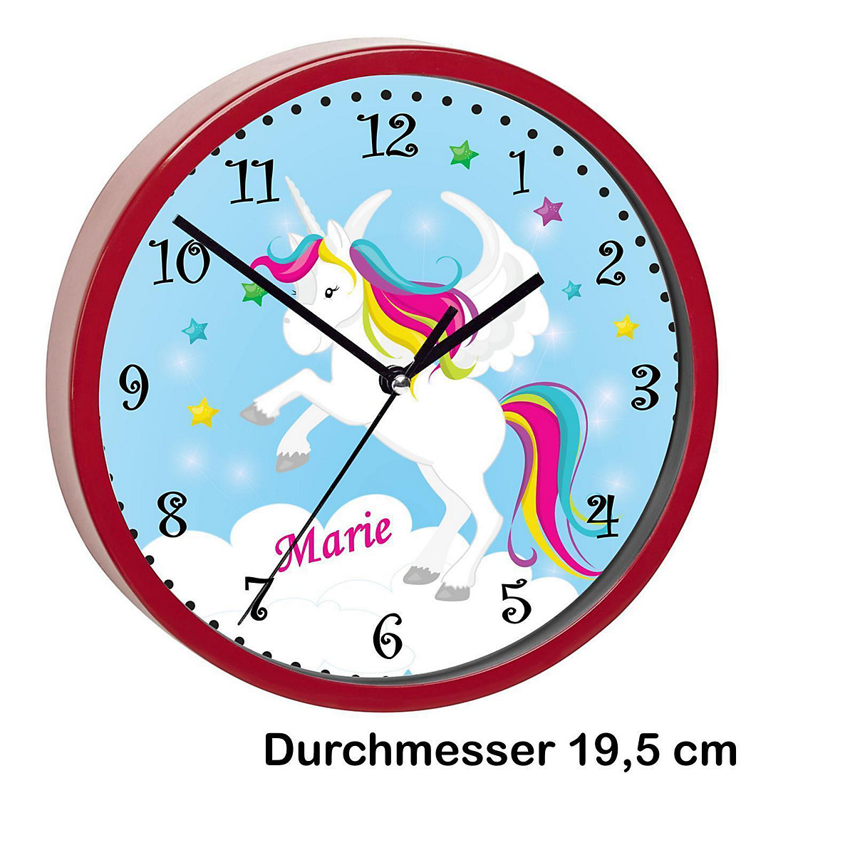 Kinder Wanduhr laufruhig personalisiert mit Name Pegasus Blau
