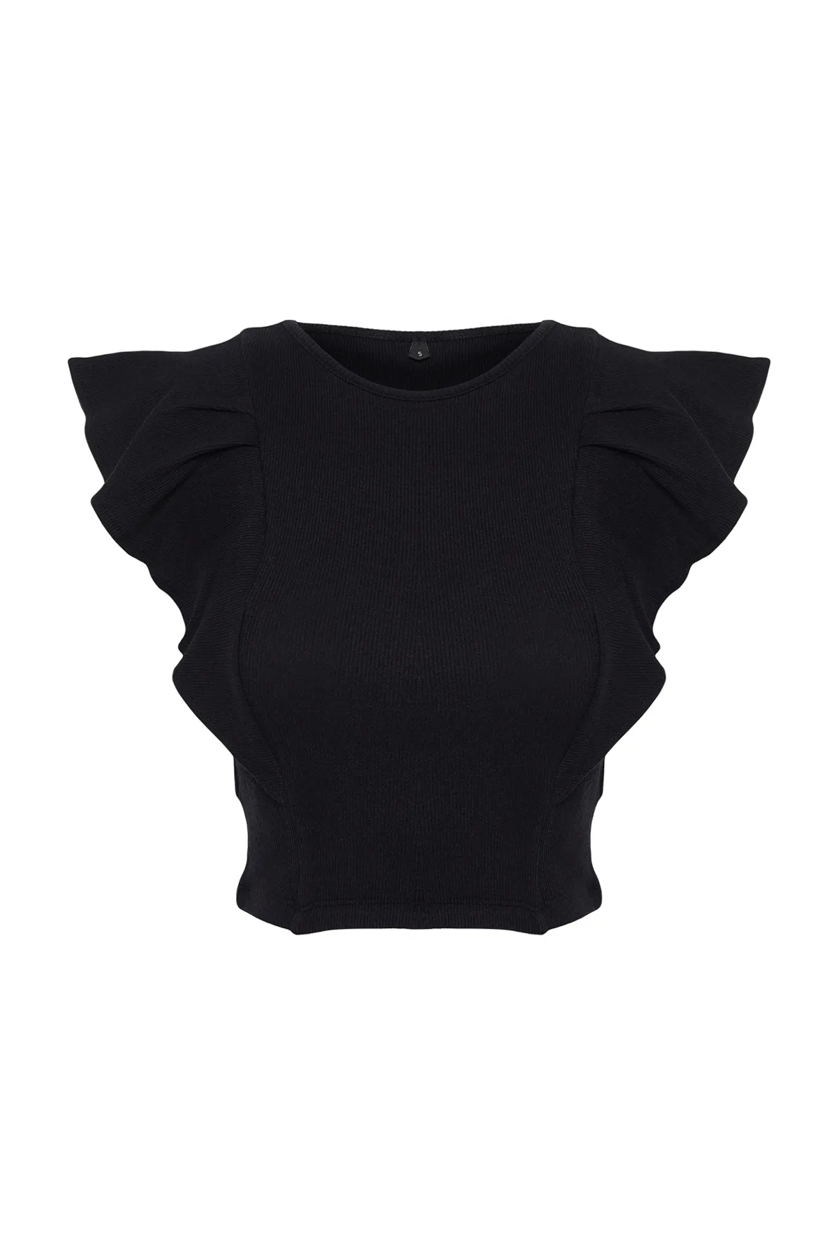 Trendyol Collection  Schwarze gerippte, dehnbare Strickbluse mit Rundhalsausschnitt und Rüschenärmeln TWOSS24BZ00370