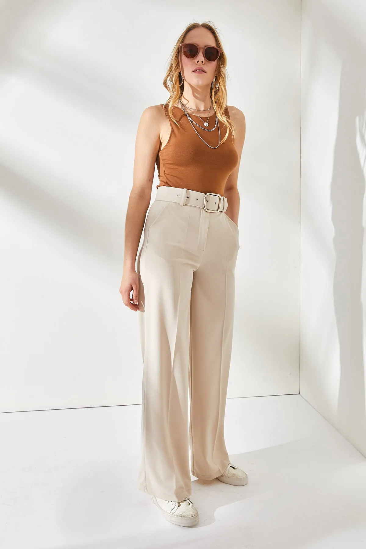 Olalook  Damen-Palazzo-Hose aus Scuba-Krepp mit Steinschnalle und Gürtel, PNT-19000208