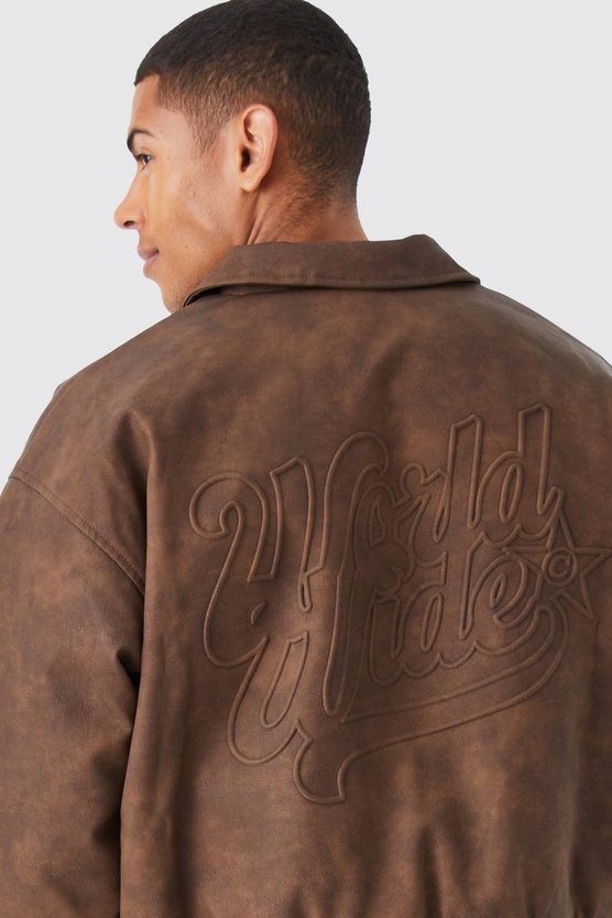 Kastige geprägte Vintage PU-Bomberjacke mit Kragen
