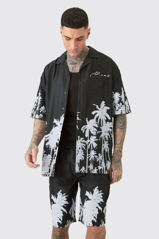 Tall kastiges Oversize Hemd & Shorts mit Palmen-Saum