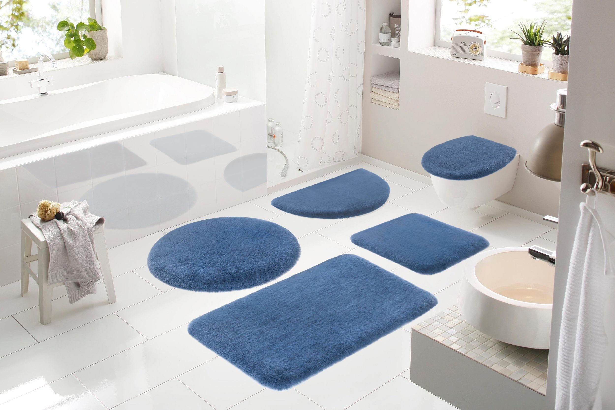 Badematte Ransol Leonique, Höhe 50 mm, fußbodenheizungsgeeignet, strapazierfähig, Polyester, rechteckig, Badteppich, Kaninchenfell-Haptik, rechteckig, rund & als 3-tlg. Set
