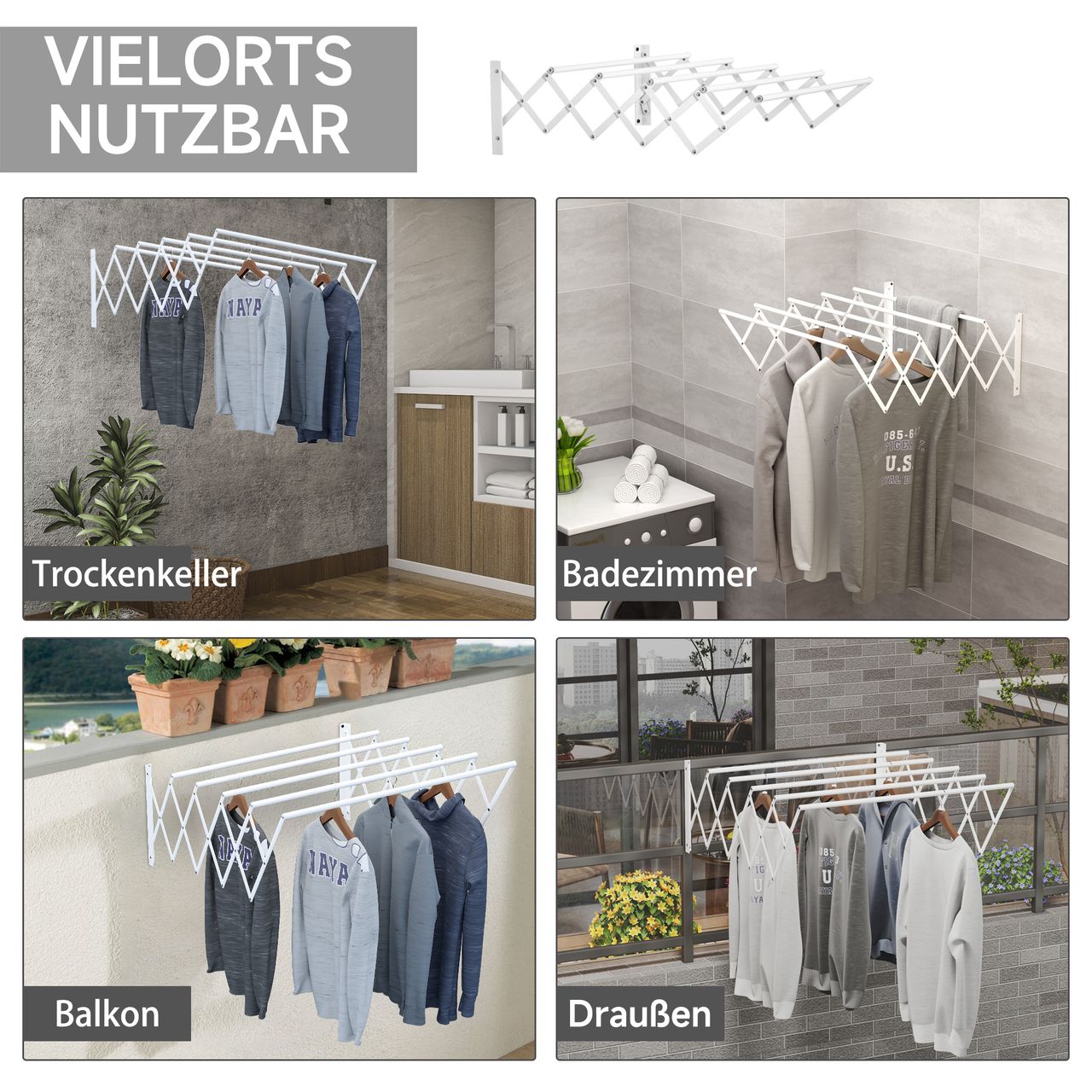 HOMCOM Wandtrockner Wäscheständer für Wandmontage Wandwäschetrockner ausziehbar klappbar platzsparender Wäschereck für kleine Haushalte für drinnen und draußen Metall Weiß 63,5 x 60 x 20 cm