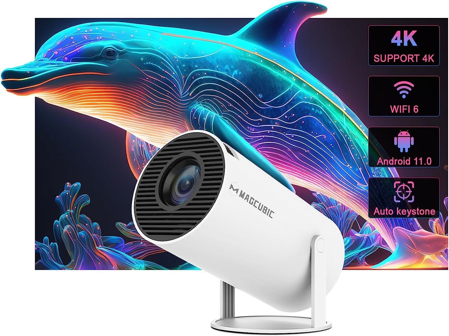 Magcubic Mini Tragbarer Beamer Trapezkorrektur 4K 200 ANSI Smart Projektor WiFi Beamer (10000: 1, ‎1280 x 720 px, 4k Heim Kino Full HD Smart Heimkino Bluetooth Tragbar Mobil Minibeamer)