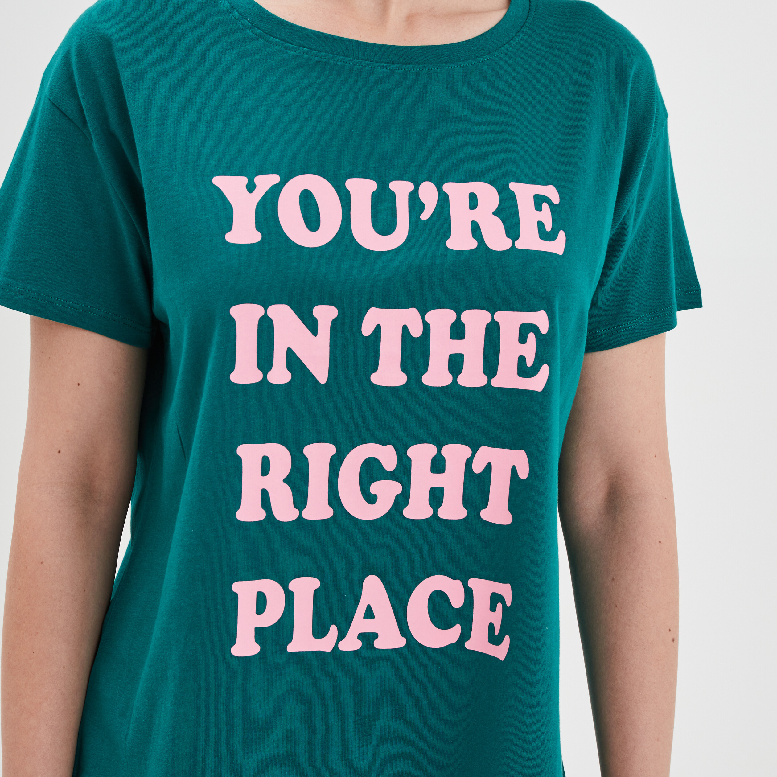 T-shirt col rond manches courtes coton vert émeraude femme | La Halle