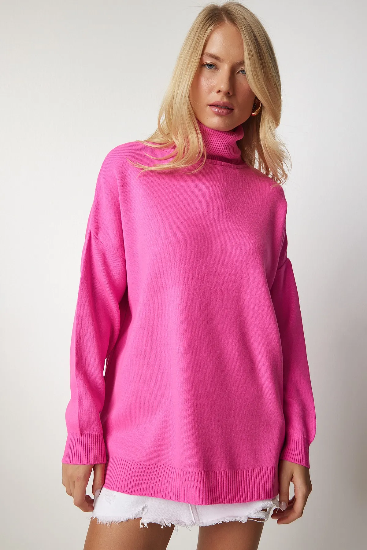 Happiness İstanbul  Rosa Rollkragenpullover in Übergröße für Damen BV00084