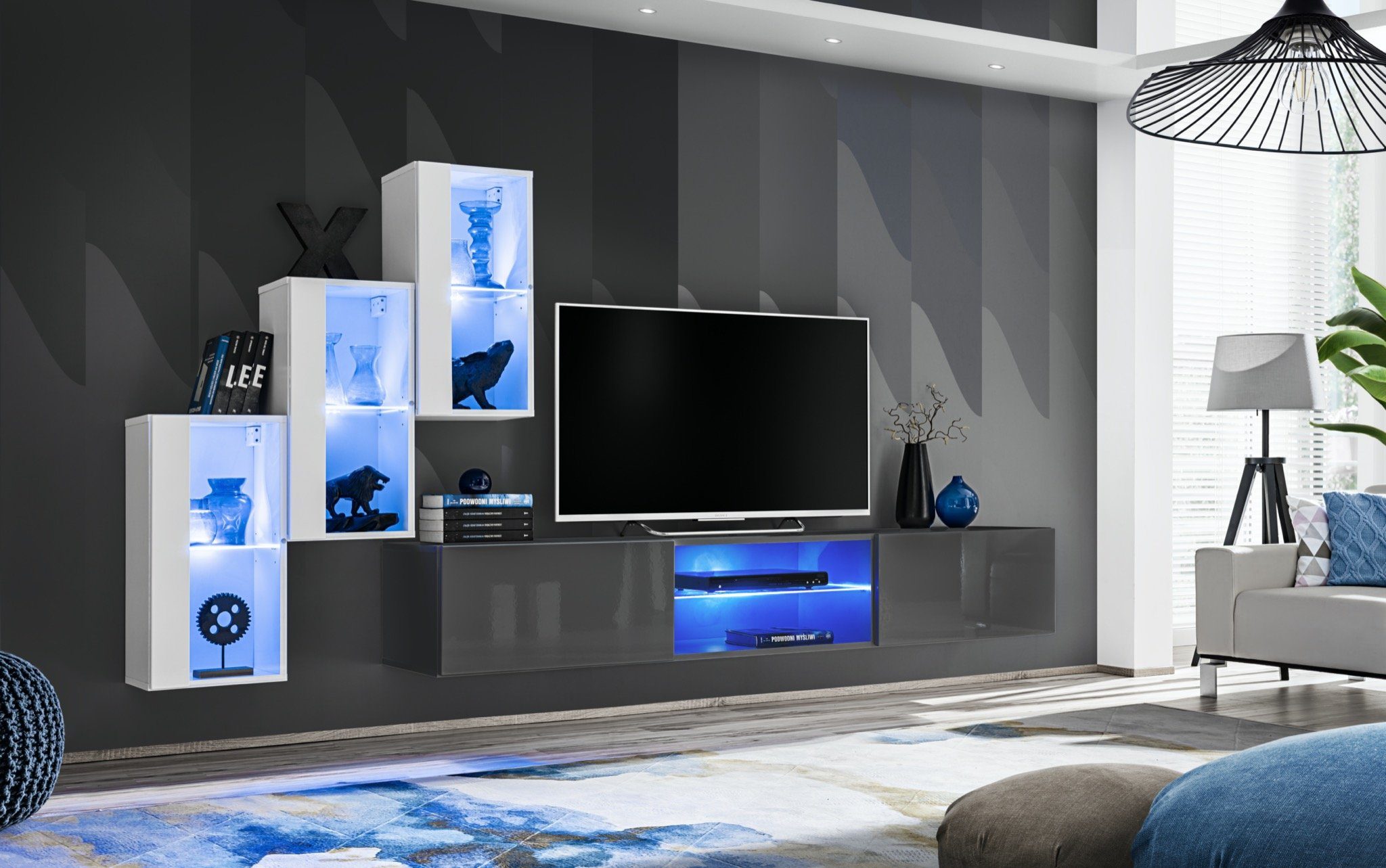 JVmoebel Wohnwand Moderner Wohnwand TV-Ständer Garnitur Komplett Hänge Vitrine, (4-St., TV Ständer + 3x Hänge Vitrine), LED beleuchtet