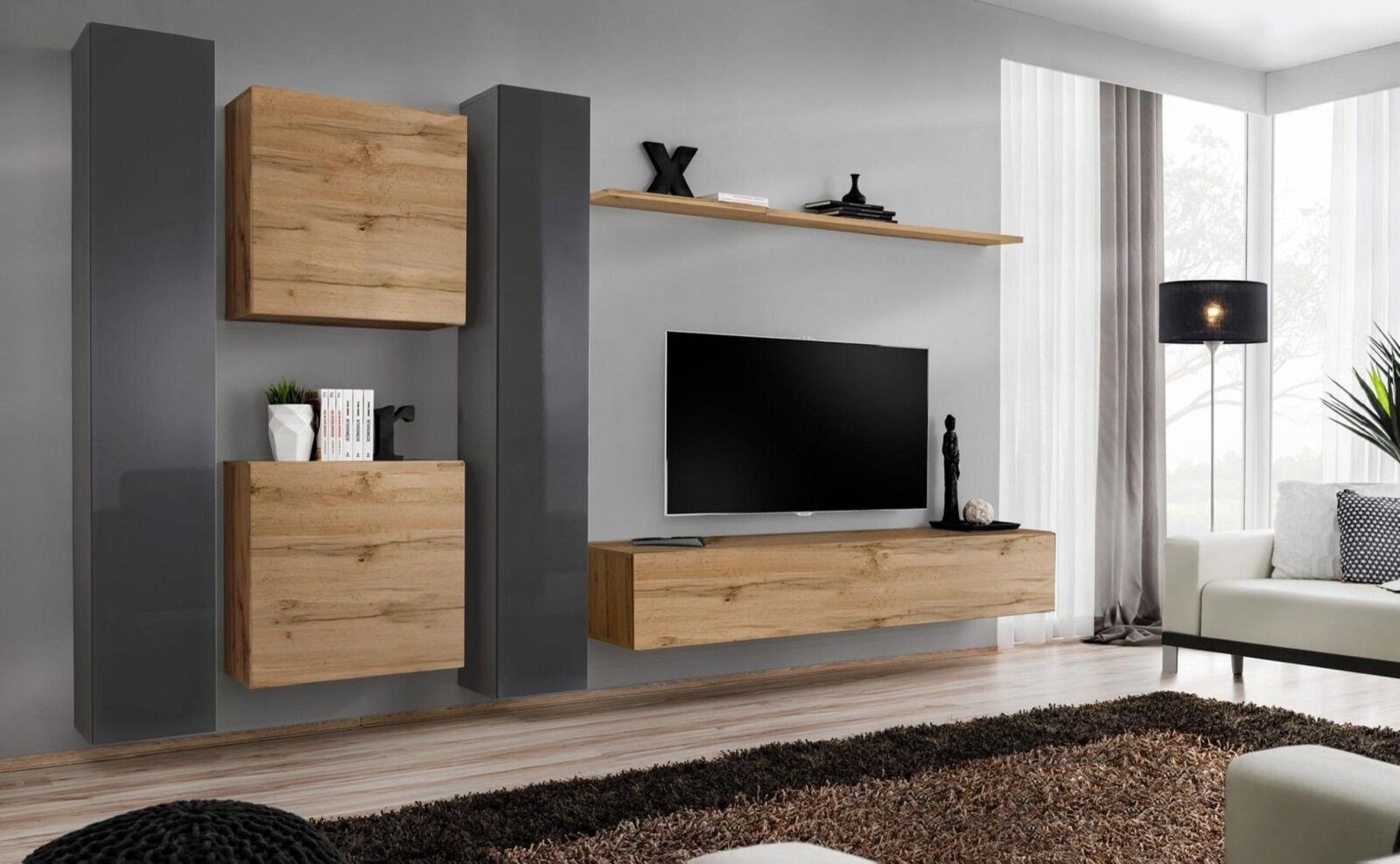 JVmoebel Wohnzimmer-Set Braun Wohnwand Designer Sideboard Modern TV-Ständer, (7-St., 1x Wohnwand + 1x TV Ständer + 4x Wandschrank + 1x Wandregal), Made in Europa