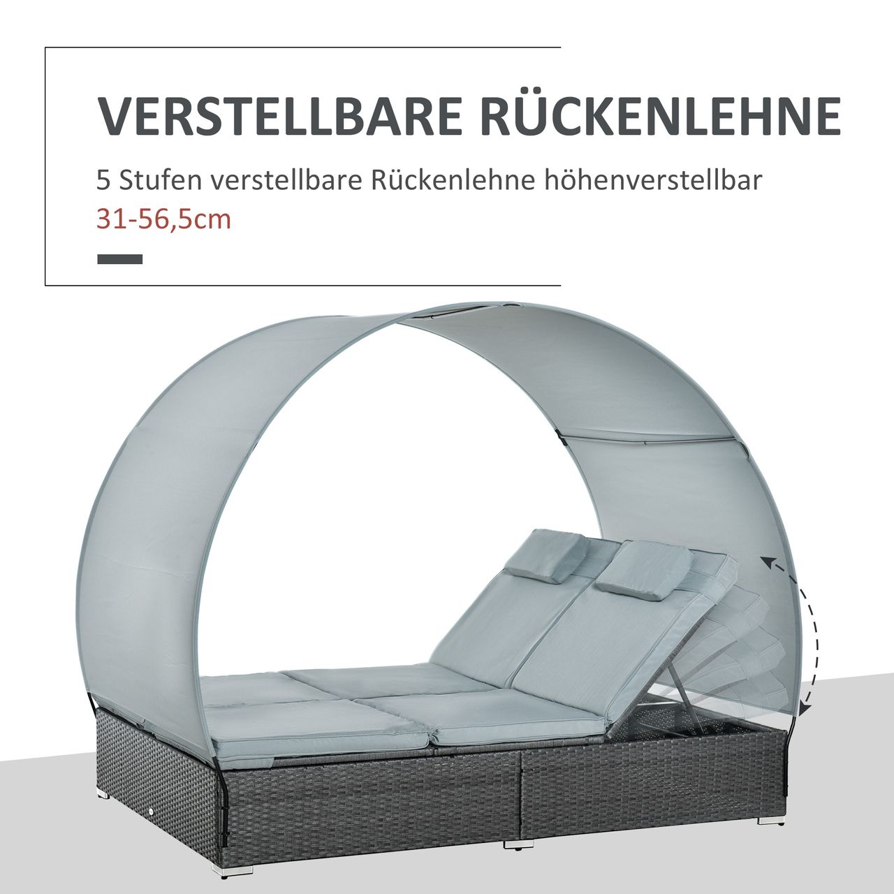 Outsunny Poly Rattan Doppelliege Sonnenliege für 2 Personen mit Sonnendach Gartenliege Stahl Polyester Grau 196 x 137 x 36,5 cm