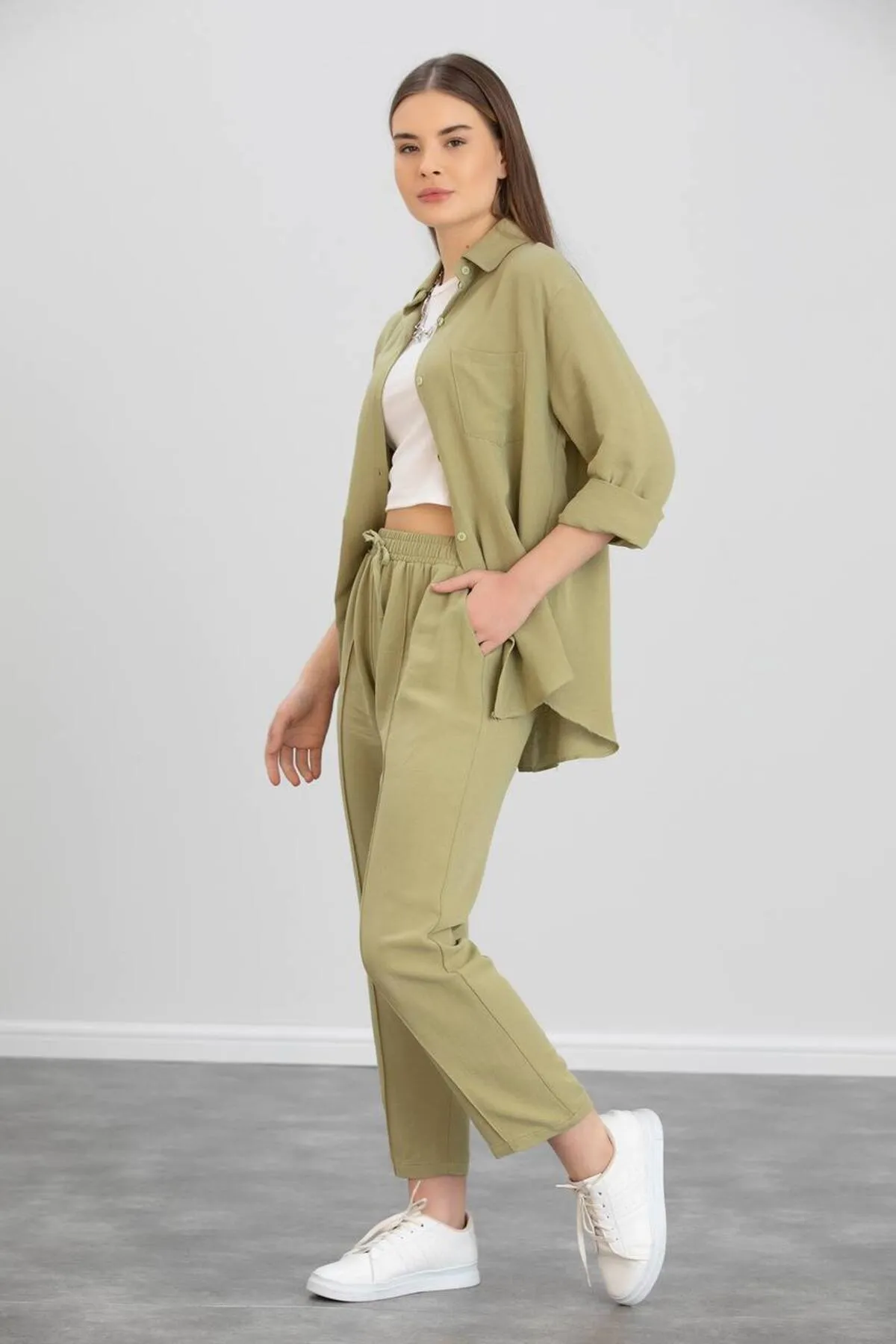 ZF BUTİK  Damen-Set aus doppeltem Leinenhemd, Hose, Unterteil und Oberteil