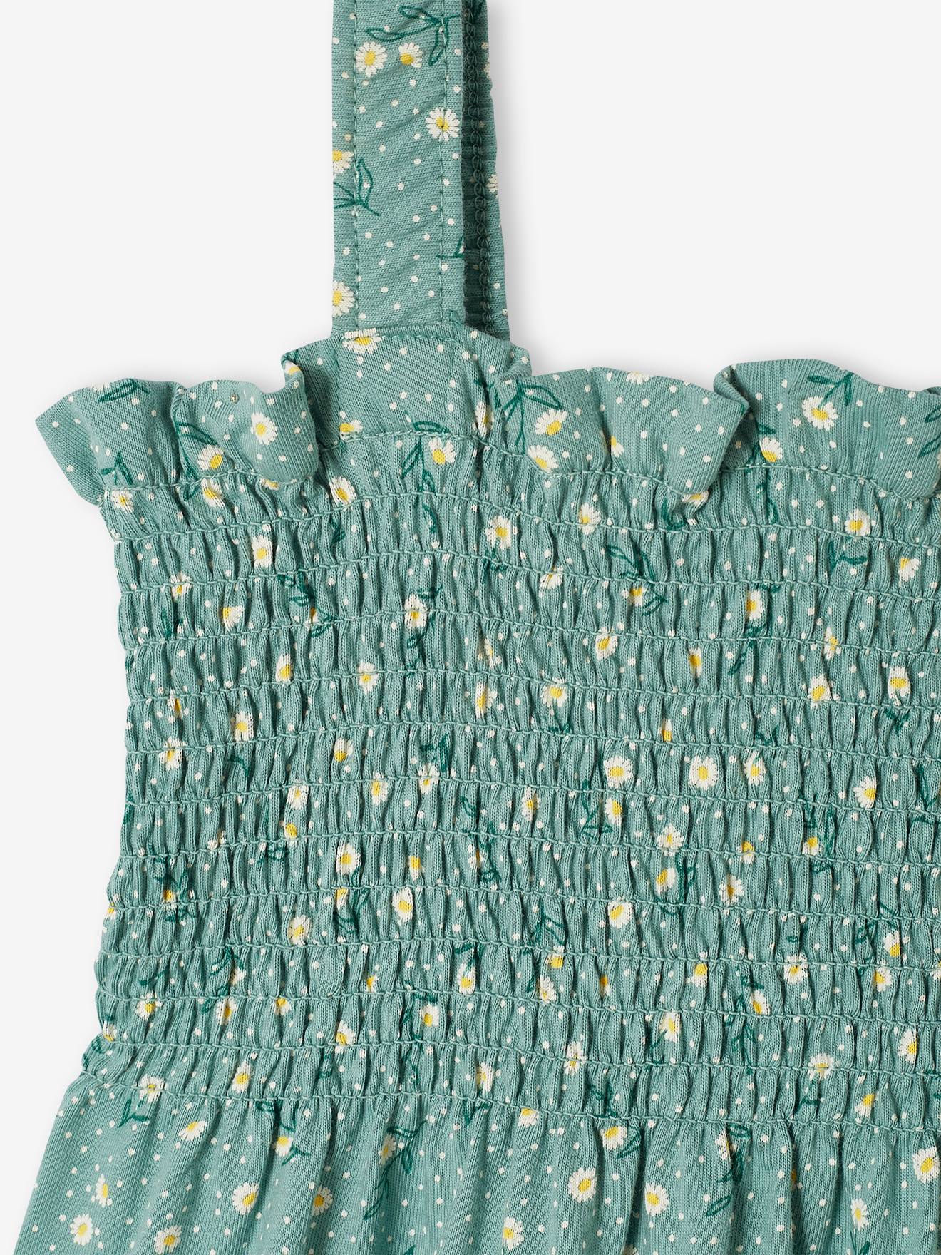 Robe smockée à bretelles motifs fleurs fille vert émeraude