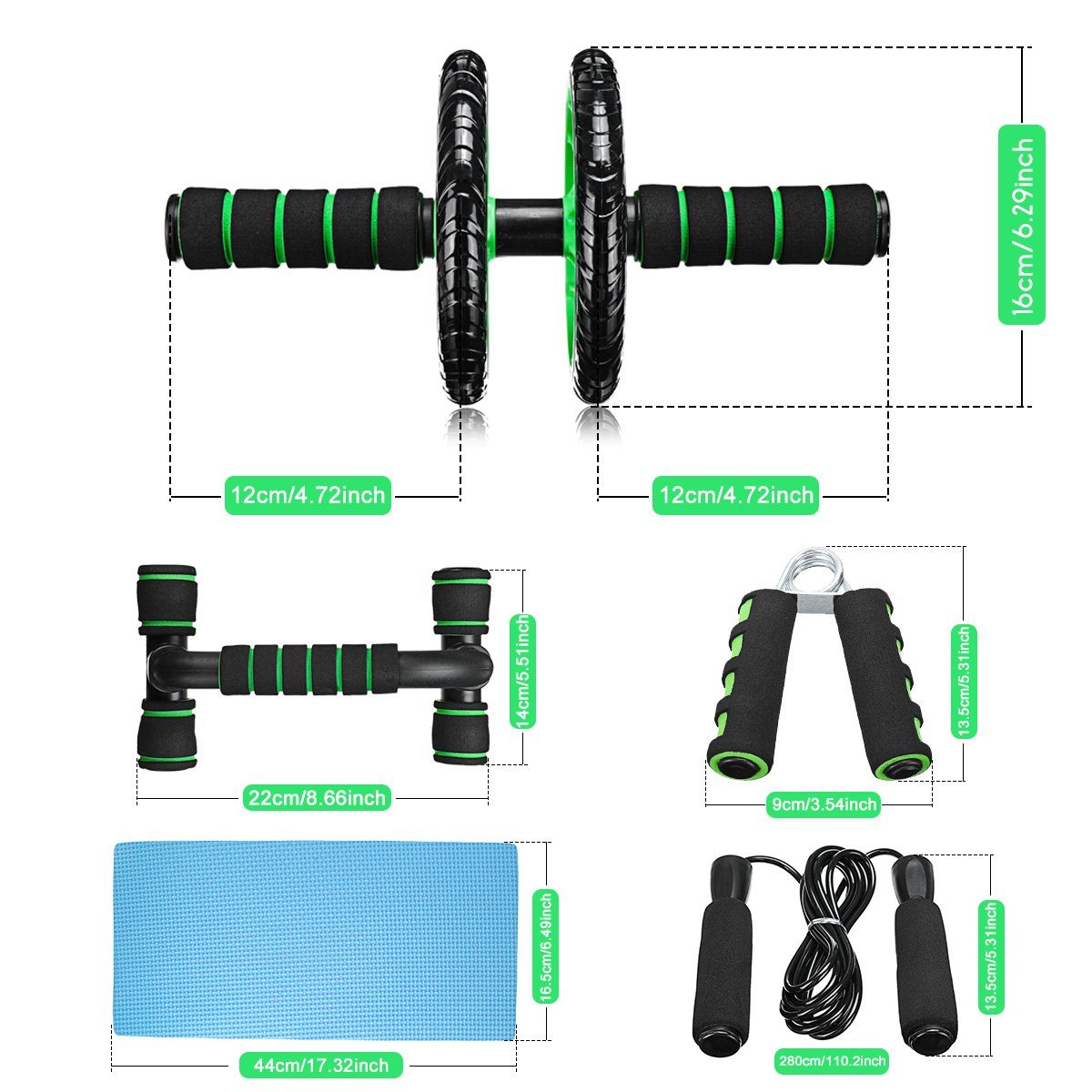 NASUM Fitnessmatte Hochwertiges Fitness-Set mit 7 Teilen in Schwarz/Grün (7-St), Perfektes Set für Ganzkörper Training