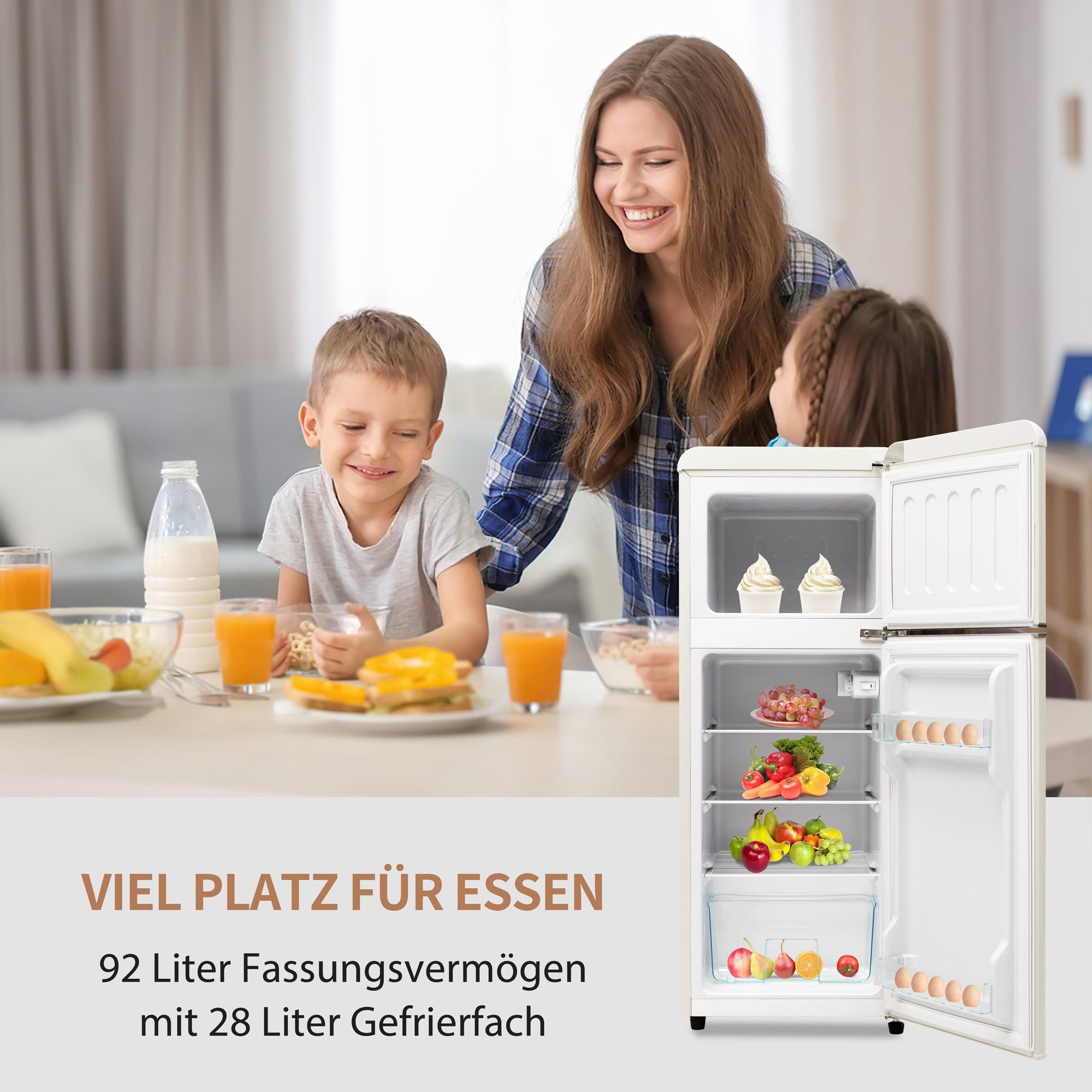 Merax Kühlschrank Retro Kühl-/Gefrierkombination BCD-102, 101 cm hoch, 41 cm breit, 92 Liter, Metall Türgriff, verstellebare Ablage und Füße