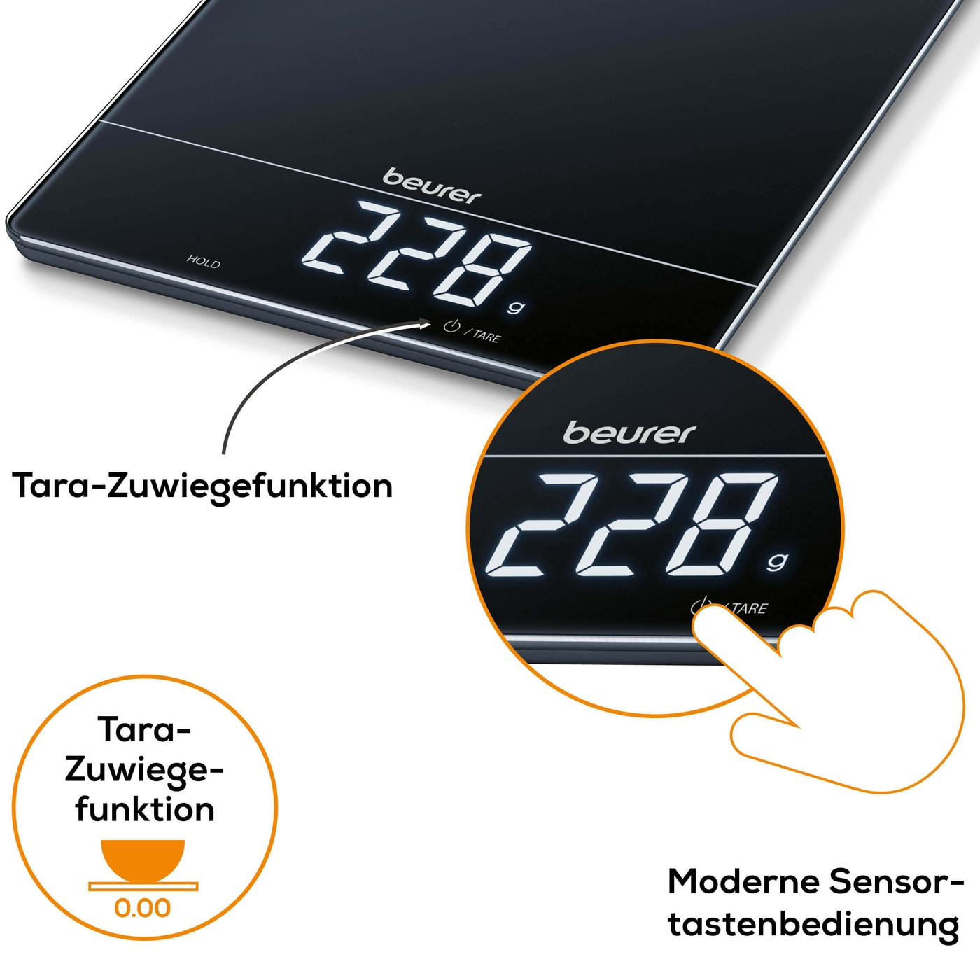 Beurer Küchenwaage KS 34-Edle Küchenwaage mit Glasoberfläche & Magic-Display - bis 15 kg
