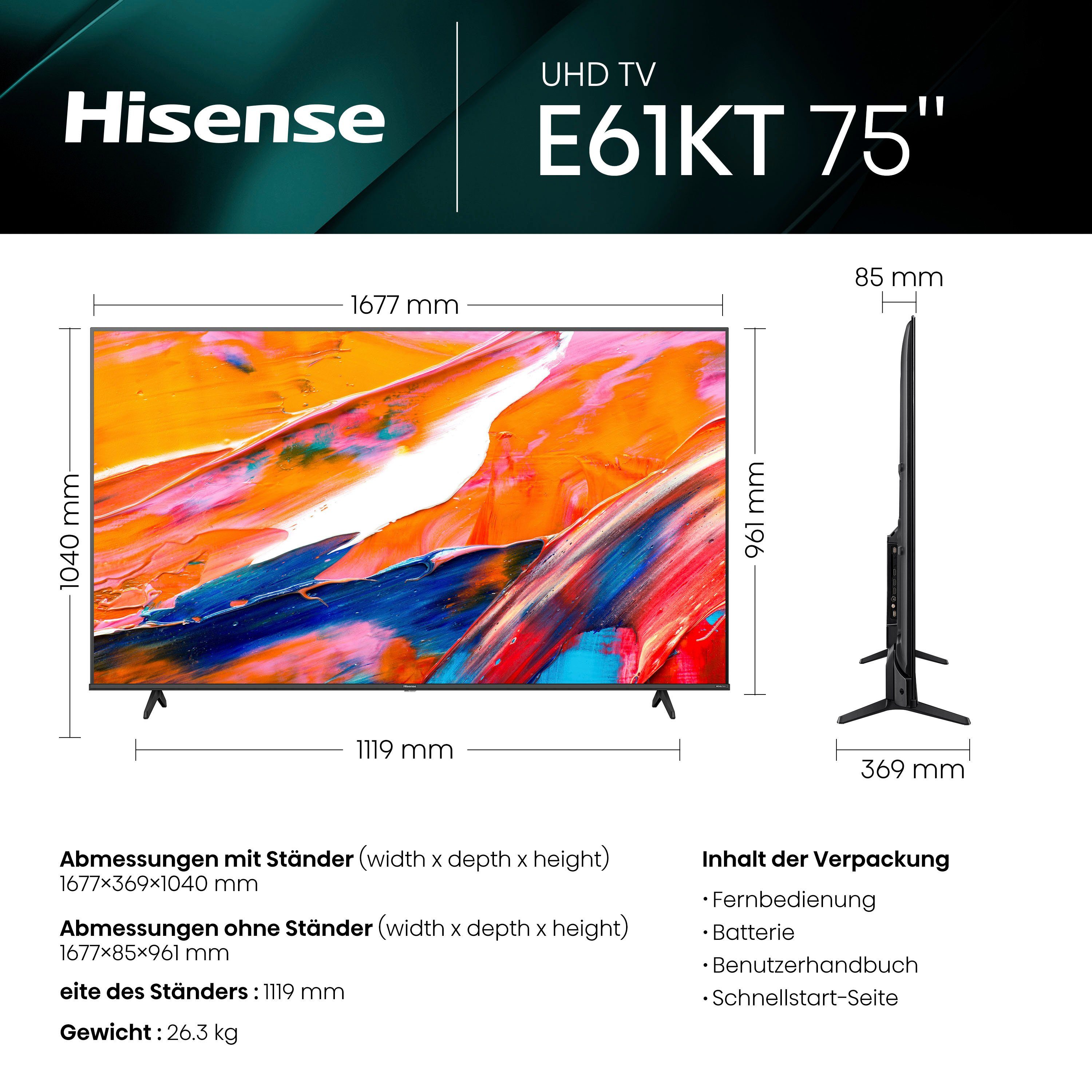 Hisense 75E61KT LED-Fernseher (190,5 cm/75 Zoll, 4K Ultra HD, Smart-TV, Smart-TV, Dolby Vision, Triple Tuner DVB-C/S/S2/T/T2)