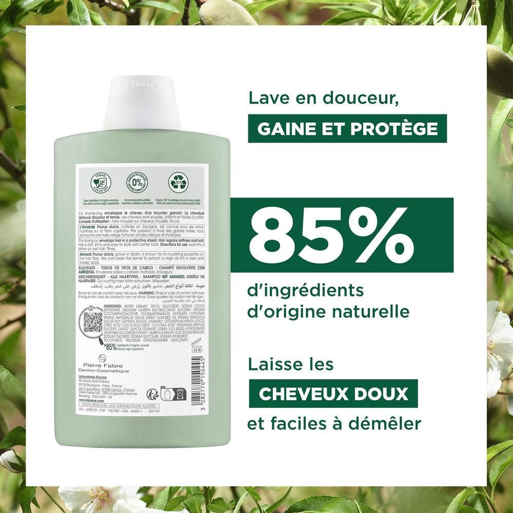 Klorane Amande - Shampooing gainant Douceur et B rillance Dès 3 ans 400ml Shampooing