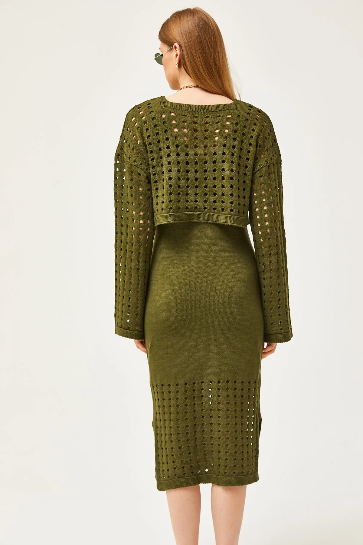 Olalook  Damen-Khaki-Oberteil mit durchbrochenem Pullover und unterem durchbrochenem Kleid aus Strickwaren-Set TKM-19000246