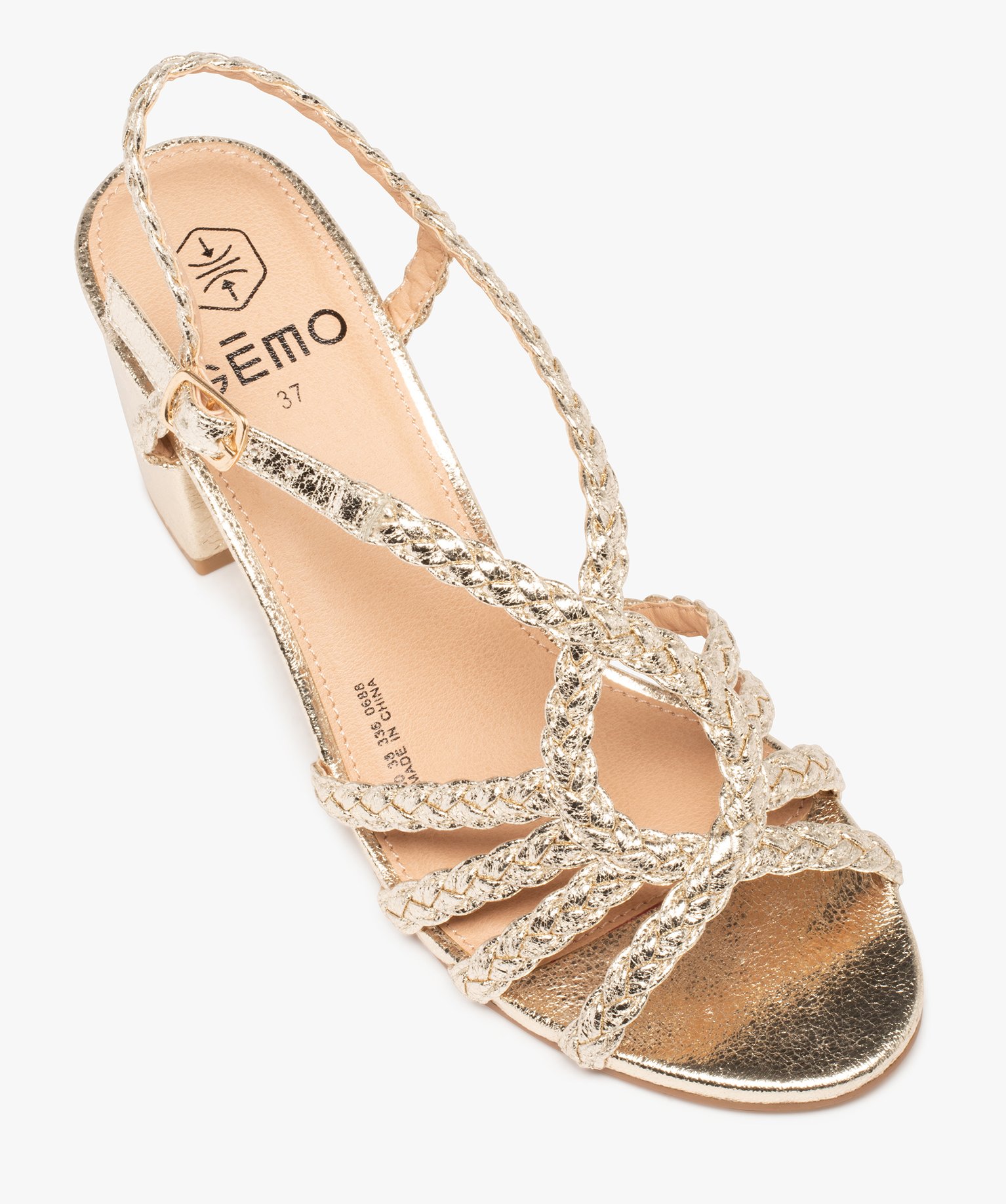 Sandales femme à talon et brides tressées brillantes or | GEMO