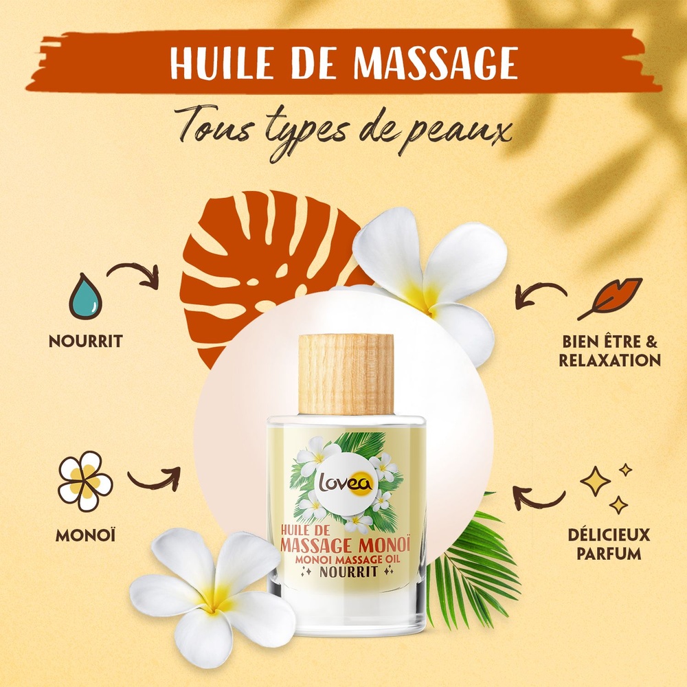 lovea Huile de Massage Monoï Nourrit Huile de Massage - Tous Types de Peaux